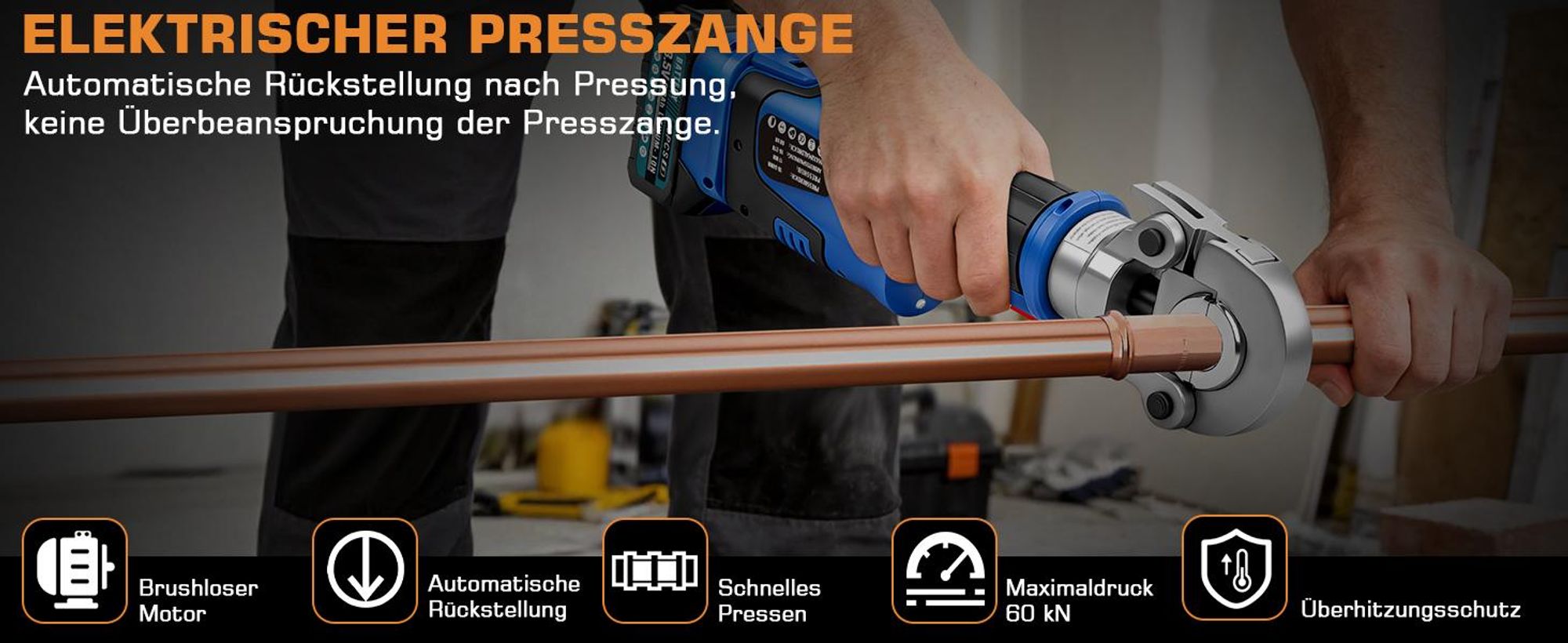 Akku Presszange V-Kontur TH-Kontur, 2x5000mAh Akkus, LCD-Display, Hilfsgurt, Ein-Mann-Bedienung, Crimpzange für Kupferrohre Edelstahlrohre Verbundrohr