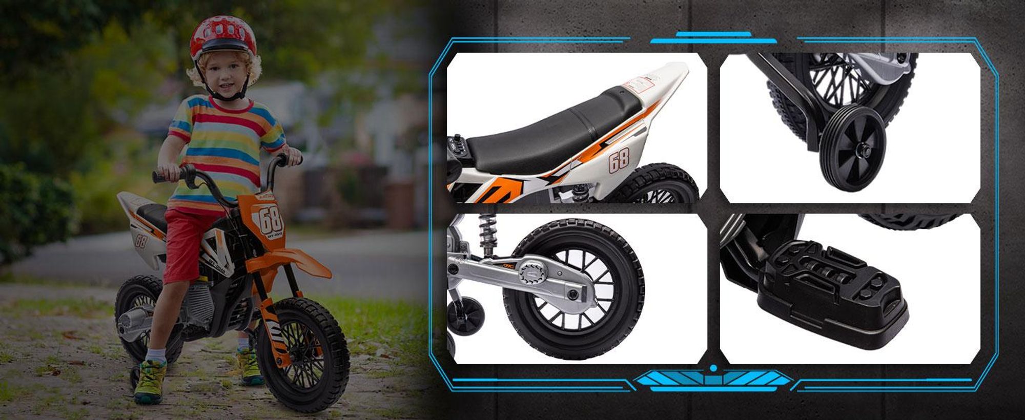 AIYAPLAY Elektryczny motocykl dziecięcy Elektryczny motocykl z muzyką, dla dzieci 2,4-5 km/h Elektryczny motocykl z 2 kółkami bocznymi dla dzieci w wieku 3-6 lat, pomarańczowy