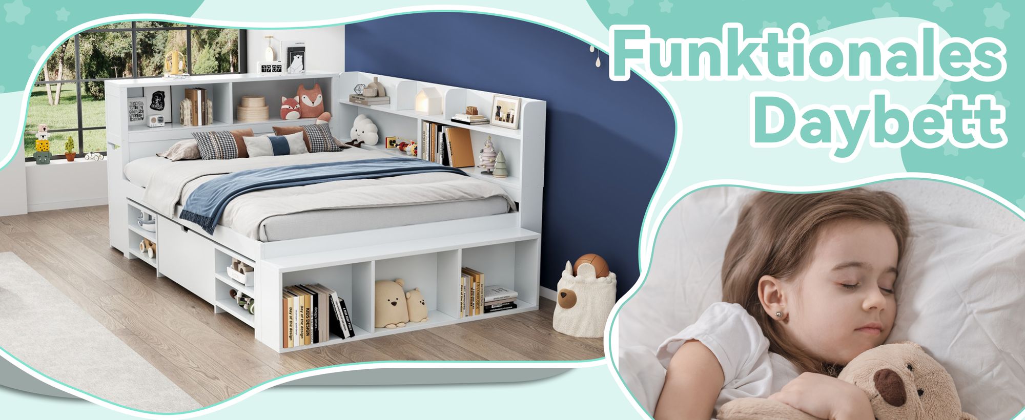 okwish Jugendbett Klassische Betten 90x200cm mit Schubladen, Bücherregal und Stauschrank, Plattformbett Holzbett Bettgestell mit Lattenrost,weiß