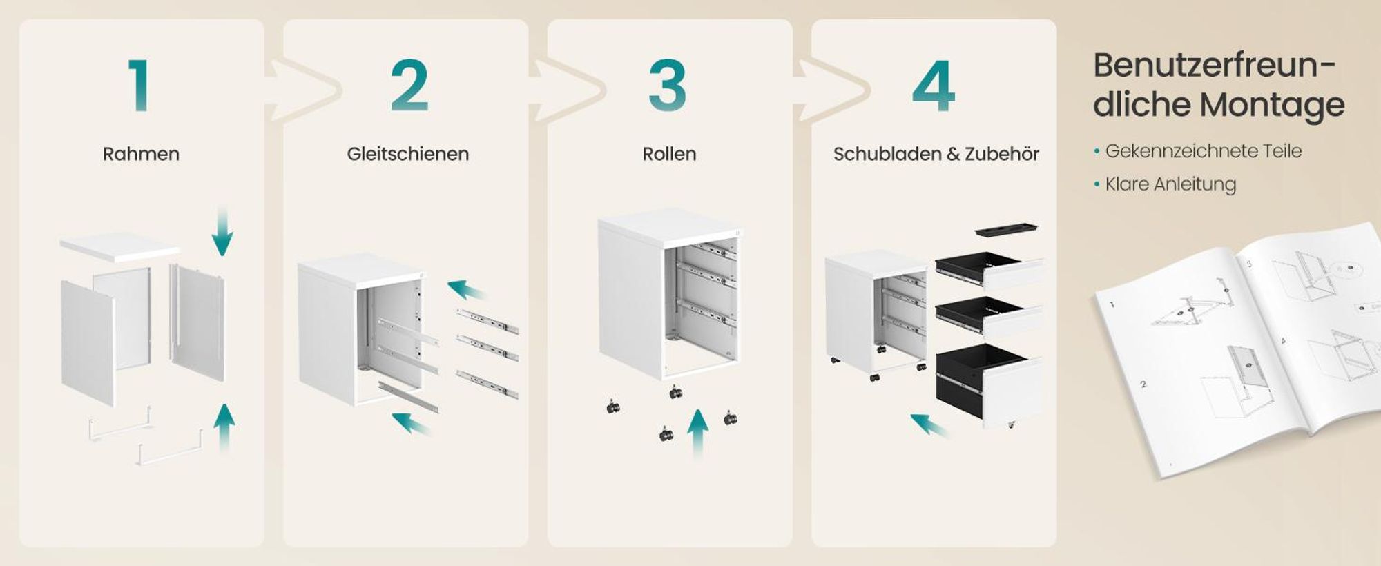 SONGMICS Büroschrank aus Stahl mit 3 Schubladen, abschließbarer Rollcontainer, für Homeoffice, Druckerständer, weiß