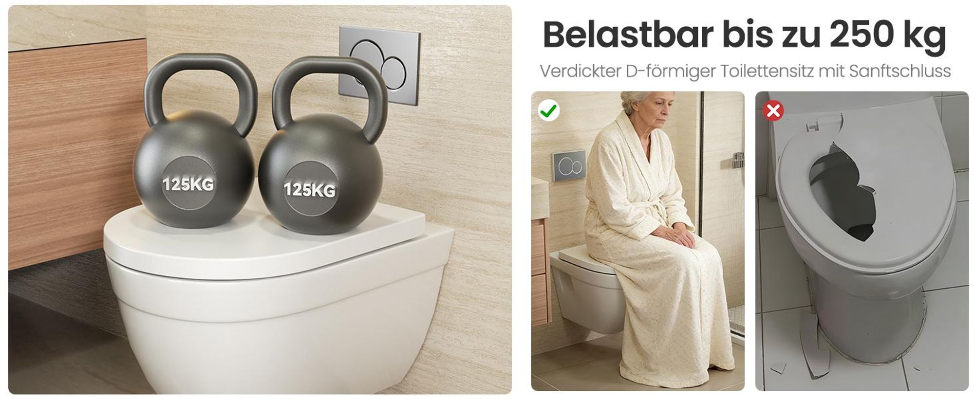 Toilettendeckel D Form WC-Sitze, Kurzer Toilettensitz mit Absenkautomatik Weiß, Klobrille abnehmbar, Vollummantelt, Duroplast, Anycee