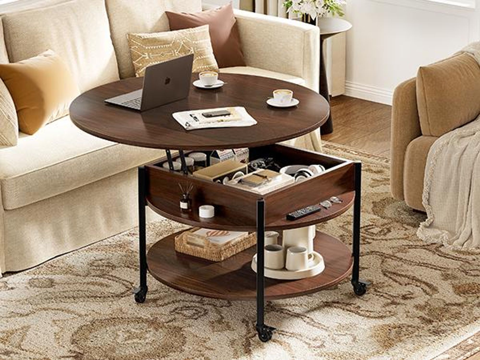FABATO Runder höhenverstellbarer Couchtisch mit Rädern & Staufach – 26,77 Zoll (ca. 68 cm), 2-stufig, auch als Esstisch nutzbar, in Espresso