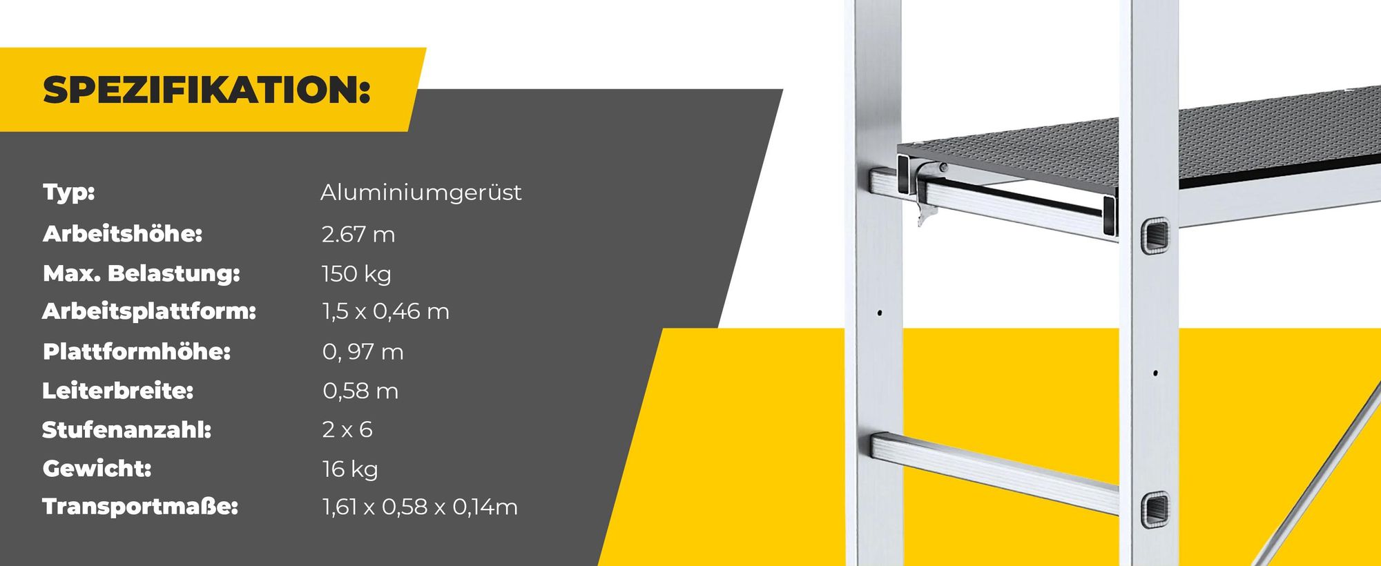 Drabest | Aluminiumgerüst - Aluminiumgerüst 2X6 - Leitergerüst - Tragfähigkeit der Plattform: 150 kg - Abmessungen der Plattform 46X150 CM