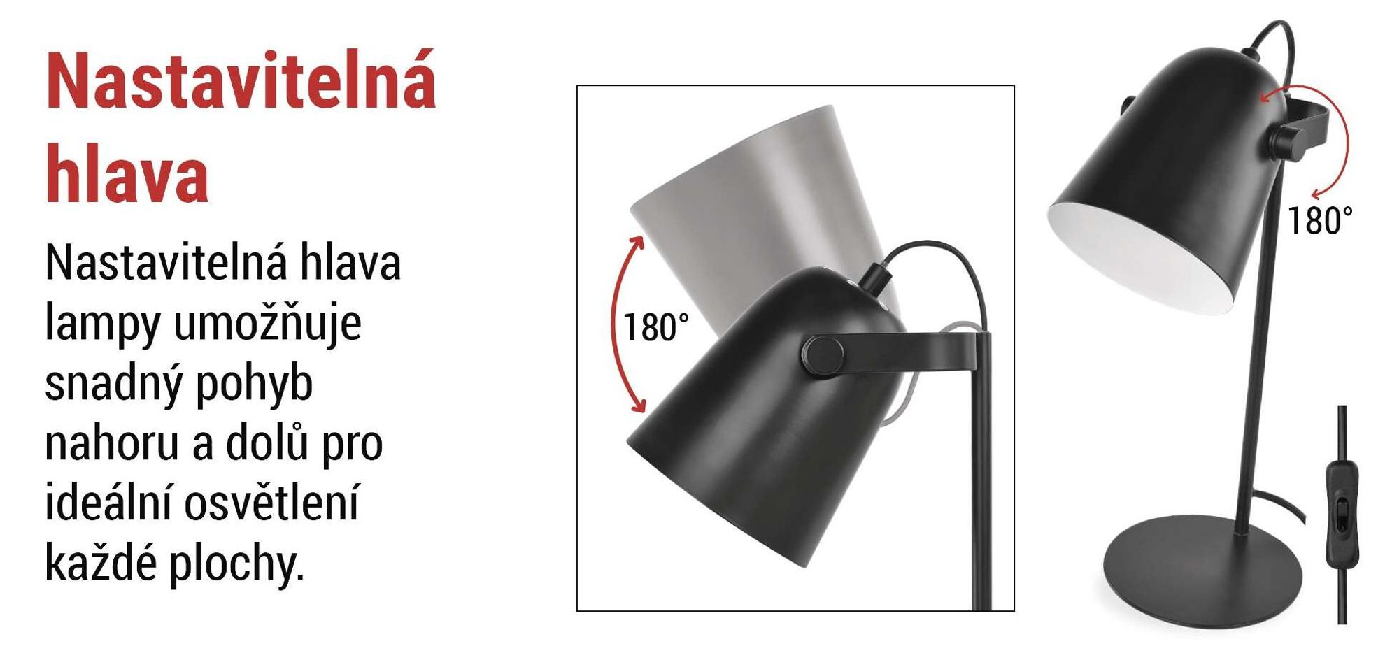 EMOS Designová stolní lampa NINA z kovu s paticí E27, lampička s kabelem 150 cm a eurozástrčkou, bez žárovky, černá, Z7642B