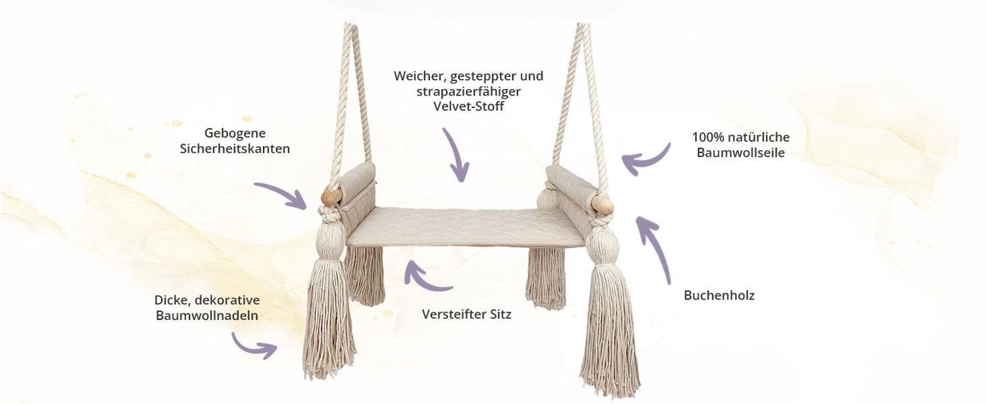 Create for you® - Holzschaukel für Kinder mit Baumwollseil, Kinderschaukel, Indoor-Sitz mit Weichem Material, Höhenverstellbar, Beige
