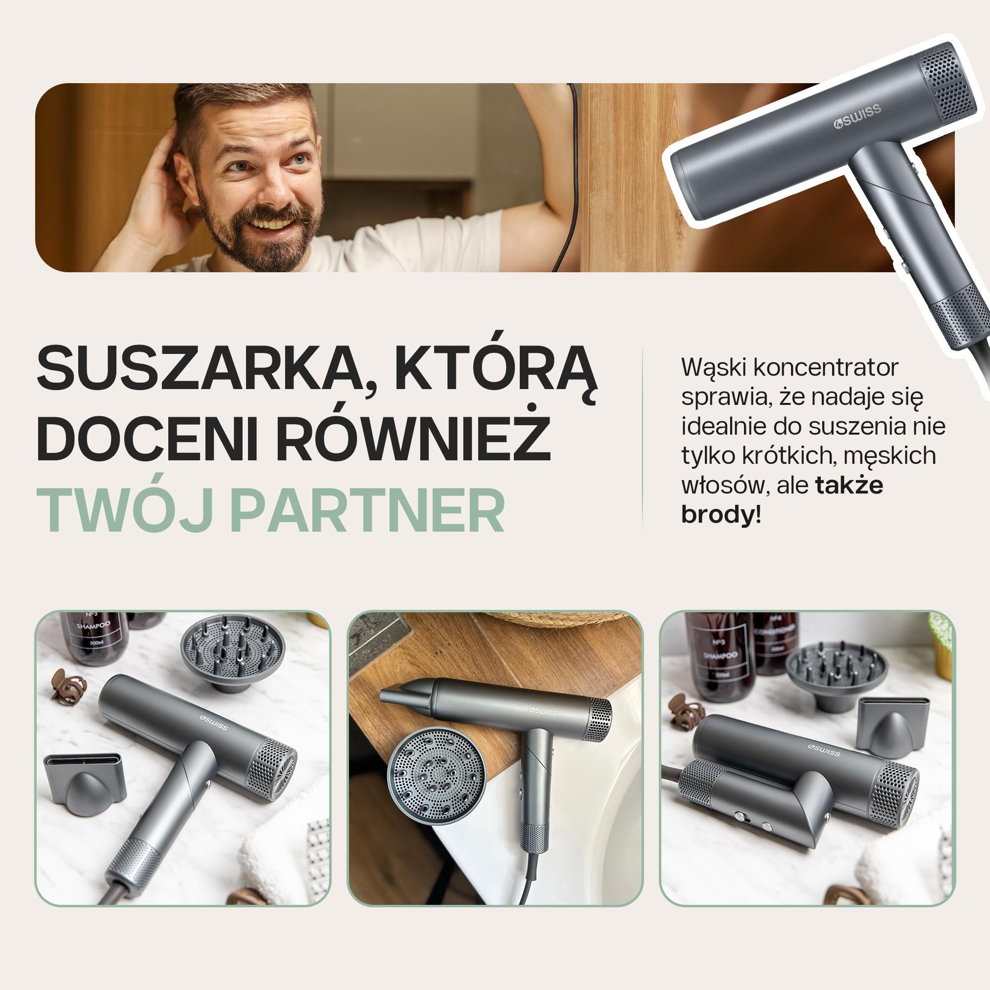 suszarka do włosów 4Swiss F424 AirPower+, 8 trybów suszenia, 110 000 obrotów na minutę, jony >500 milionów, magnetyczna końcówka do stylizacji, cicha i lekka.