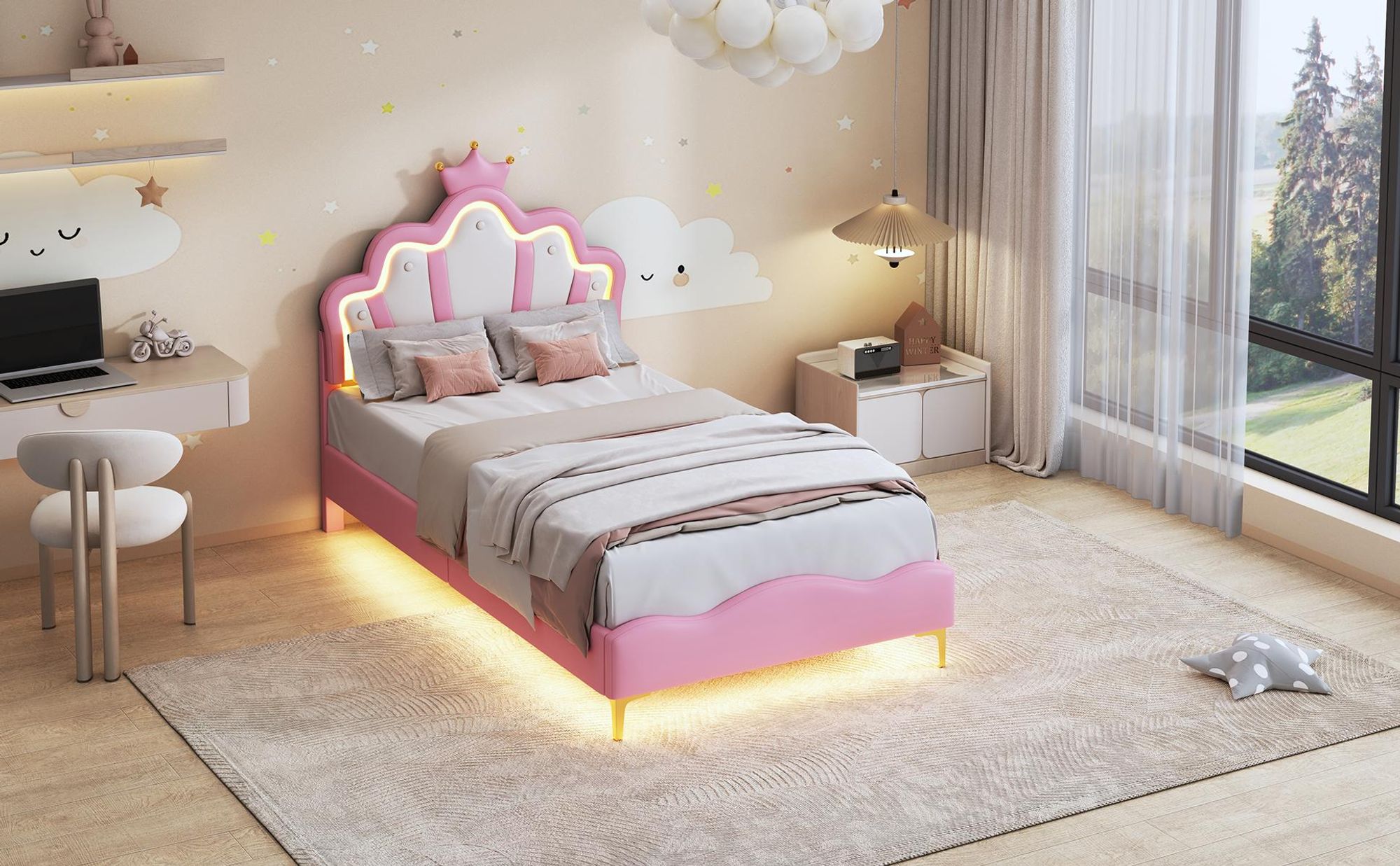 Fortuna Lai Polsterbett 90x200cm, Doppelbett Kinderbett mit kronenförmiges Kopfteil, Jugendbett Holzbett mit Lattenrost, PU, Rosa