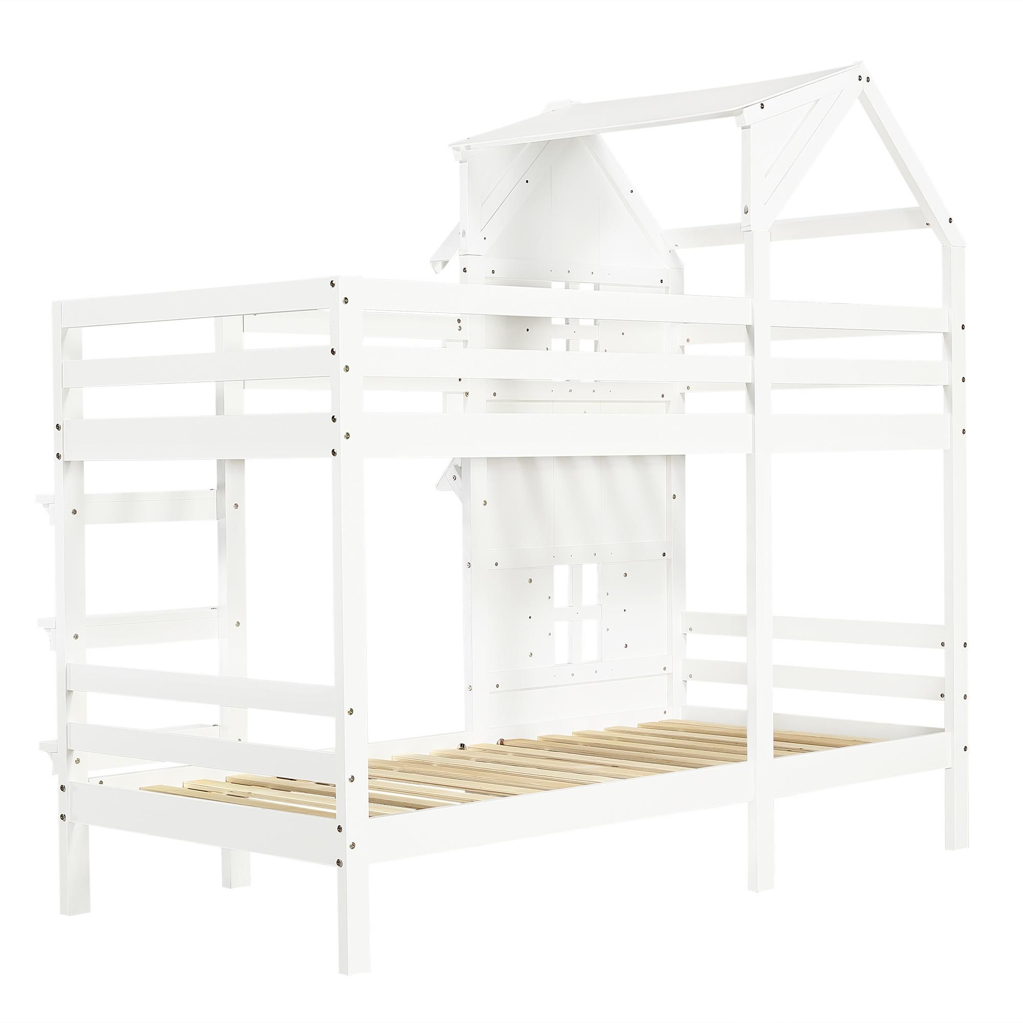 Flieks Etagenbett 90x200cm mit Lattenrost, Kinderbett Hausbett mit Rausfallschutz, Kinder Hochbett Stockbett mit Fenster und Dach, Weiß