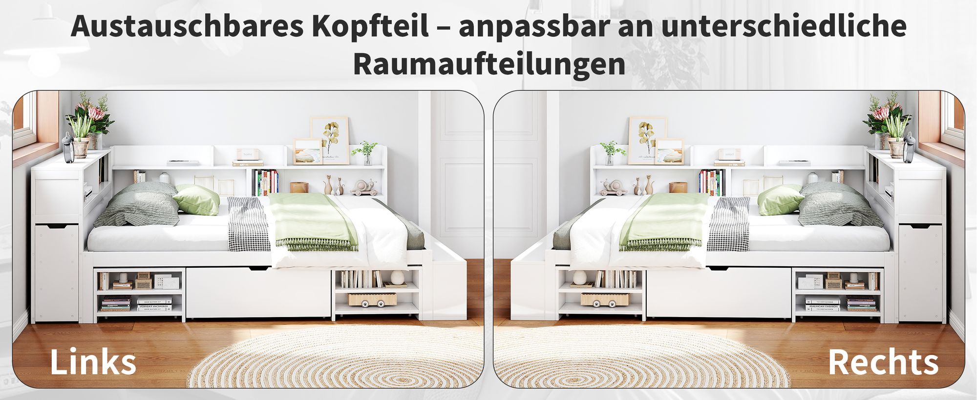 MODFU Schlafsofas Jugendbett 90x200cm, Holzbett  mit Schubladen und Lattenrost, Kinderbett mit Bücherregal und Stauschrank, großer Stauraum, weiß