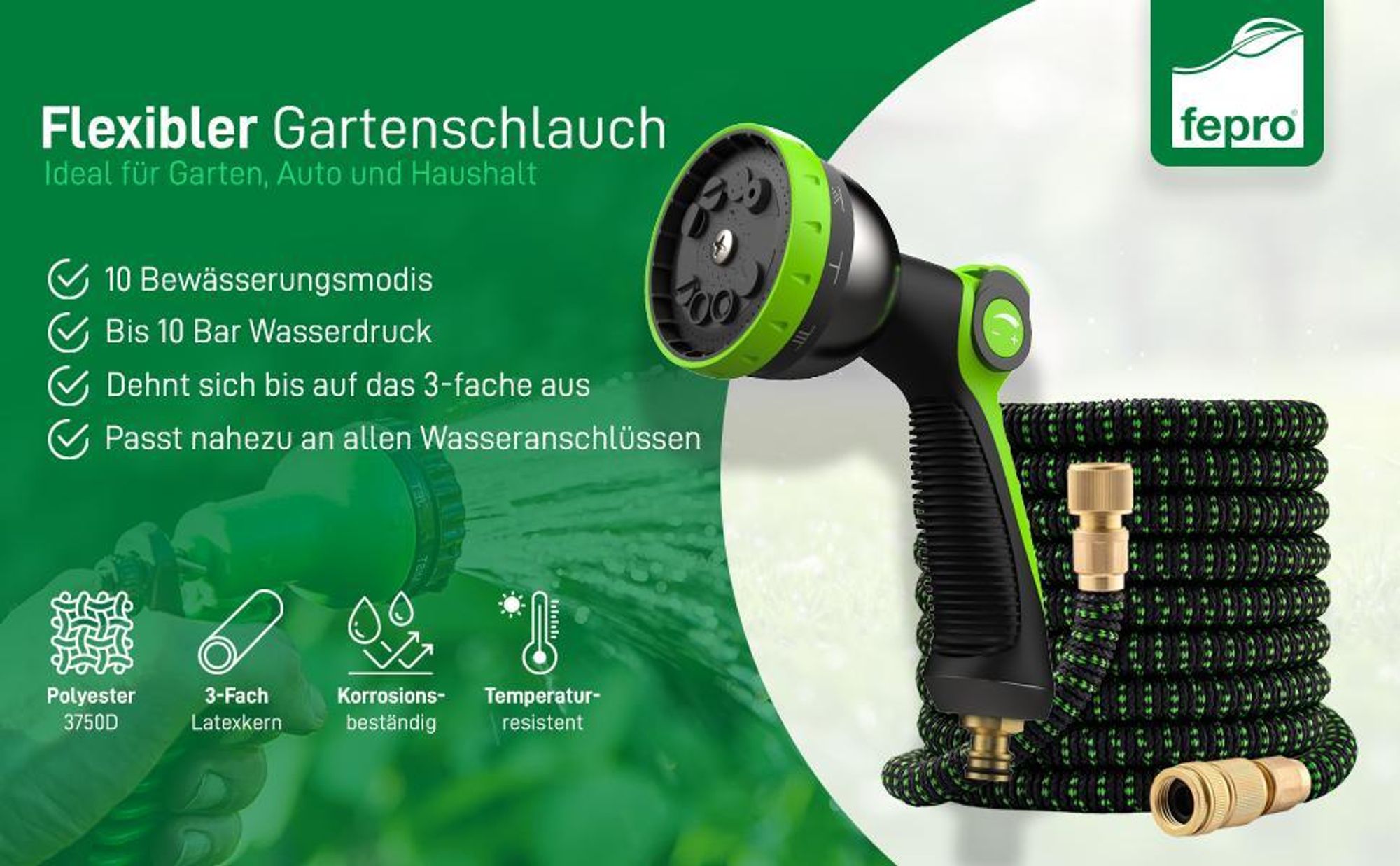 Fepro® Flexibler Gartenschlauch mit 10 Funktion 15m Premium, Wasserschlauch flexibel mit 3-Fach Latexkern inkl. Vollmessing Adapter für 1/2' 3/4' Zoll, Tasche, 2-Wege Ventil und Wandhalterung