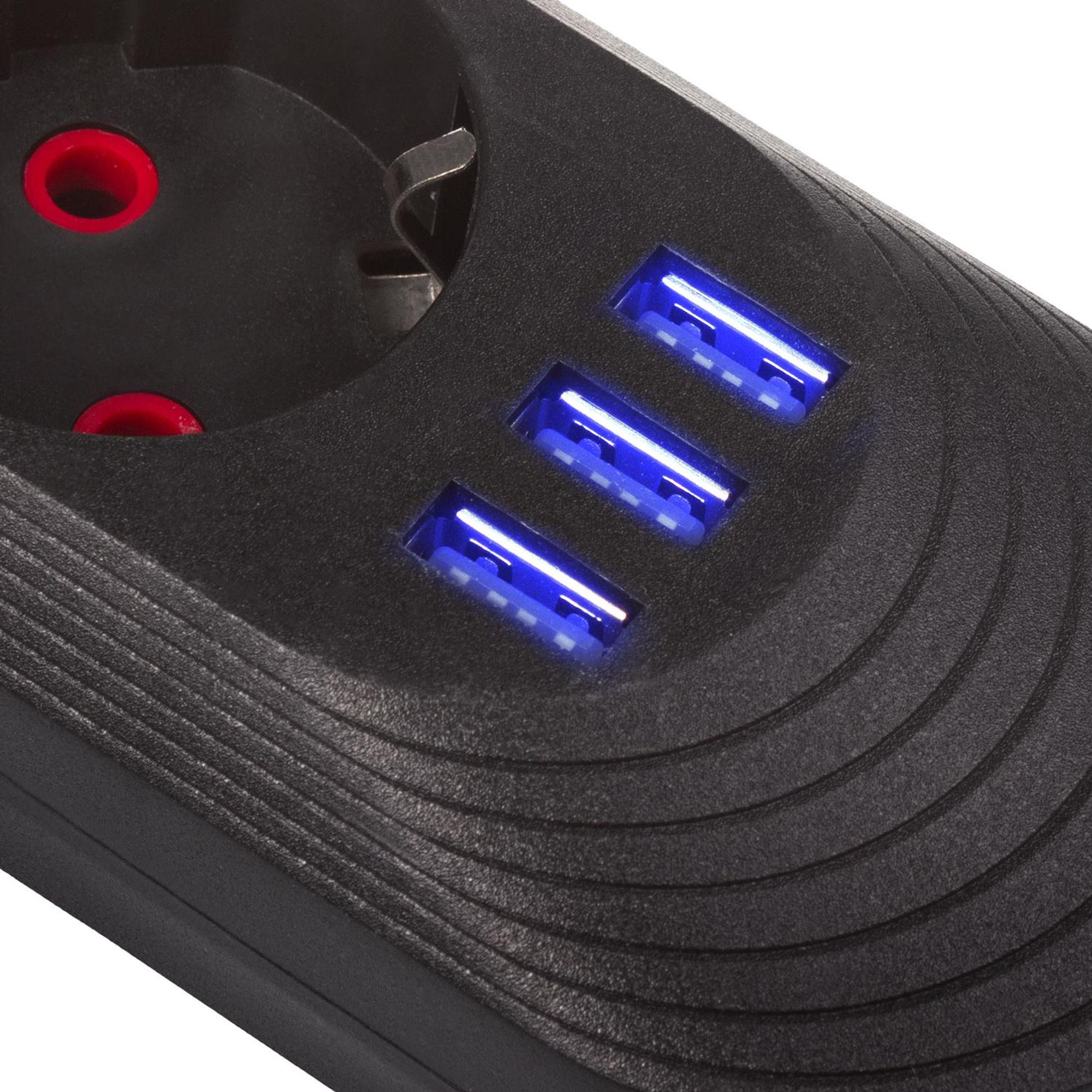 Maclean Steckdosenleiste 5 Steckdosen-Verlängerungskabel + 3xUSB 110-240V AC 50/60Hz 2,1A max 2500W 1,5m schwarz MCE395 B