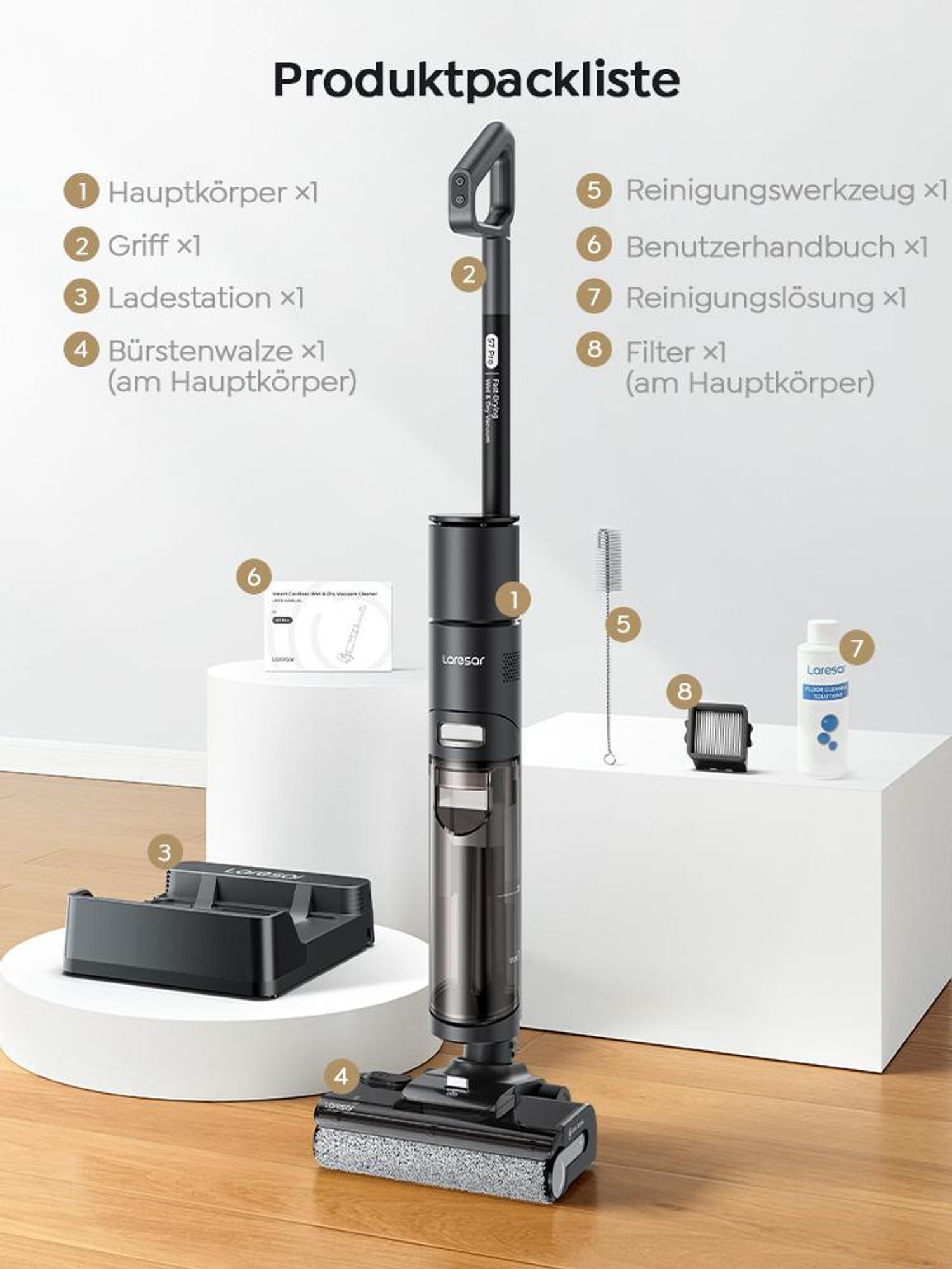 Laresar S7Pro Nass Trockensauger Kabelloser Staubsauger mit Wischfunktion,Zusätzlicher Trennbehälter,5-Minuten Selbsttrocknung mit Heißwäsche,19KPA