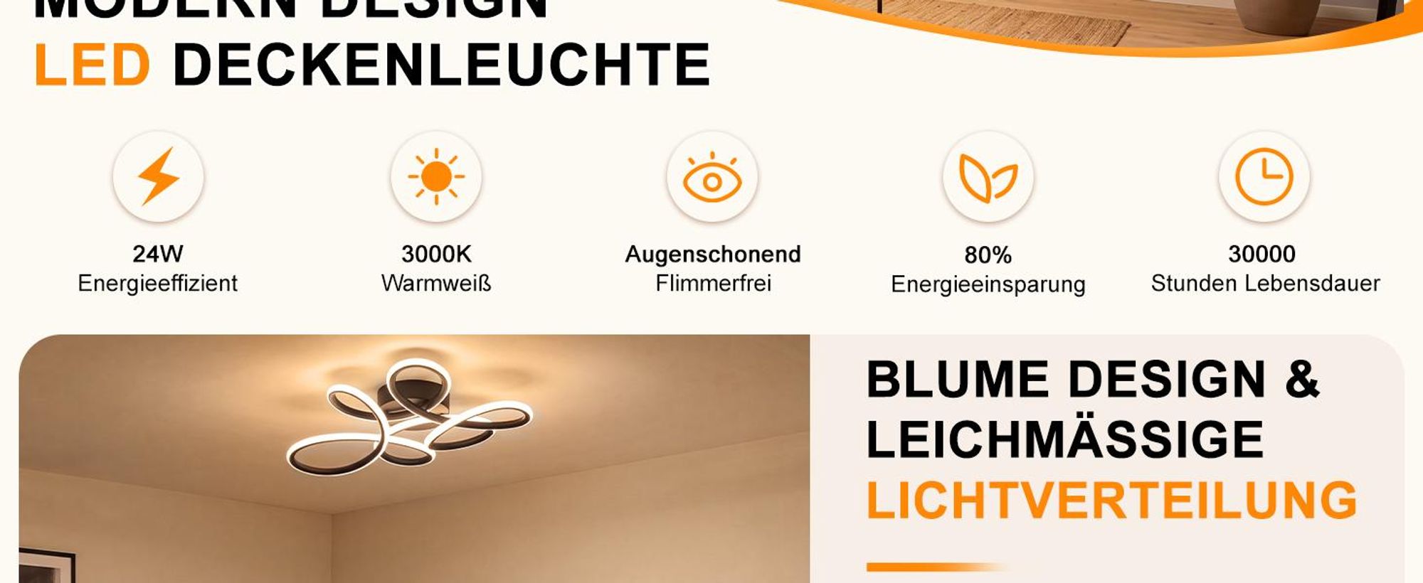 ZMH Deckenlampe Wohnzimmer LED Deckenleuchte 24W 3000K Küchenlampe Schwarz Modern Blume Design Wohnzimmerlampe für Schlafzimmer Büro Küche Flur