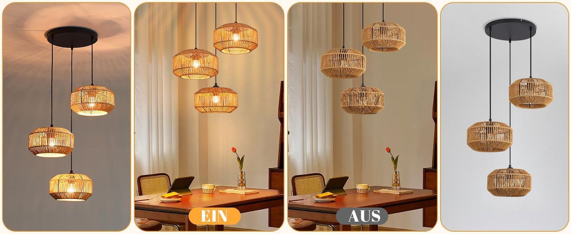 ZMH lampa wisząca boho lampa wisząca rattanowa lampa wisząca lampa wisząca z regulacją wysokości lampa wisząca jadalnia 3 płomienie lampa stołowa retro z gniazdem E27