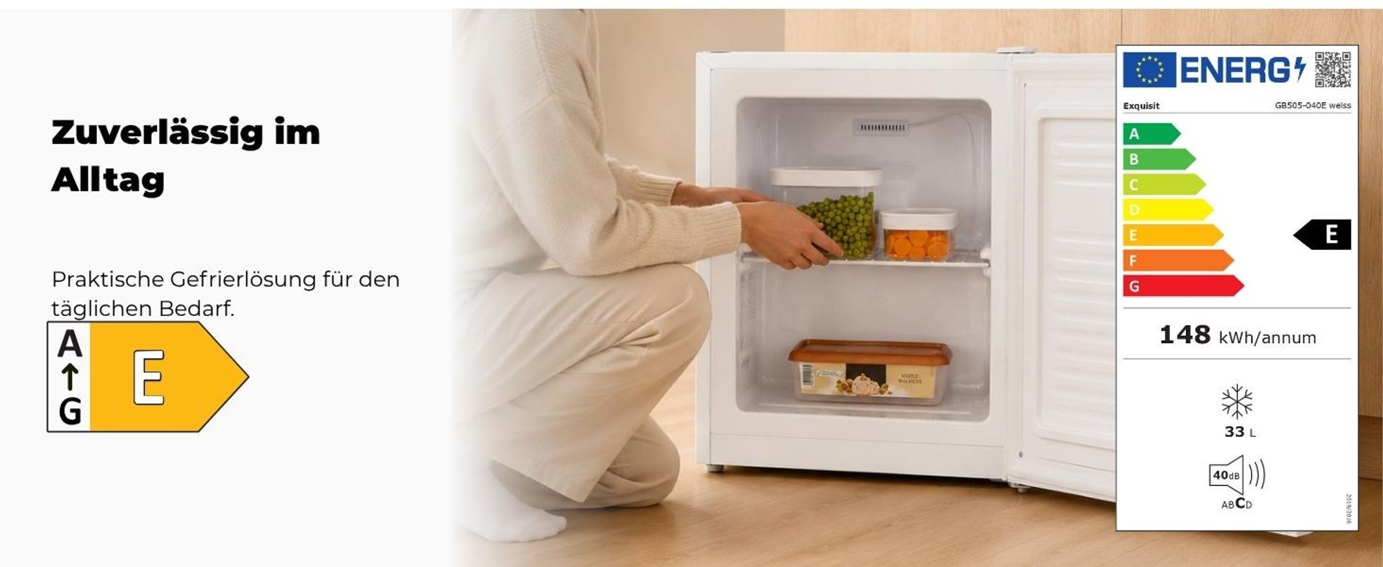 Exquisit Mini-Gefrierschrank, Gefrierschrank klein, 33 Liter, 4-Sterne-Gefrierfach, Kompakt, Temperaturregelung, GB505-040E weiss