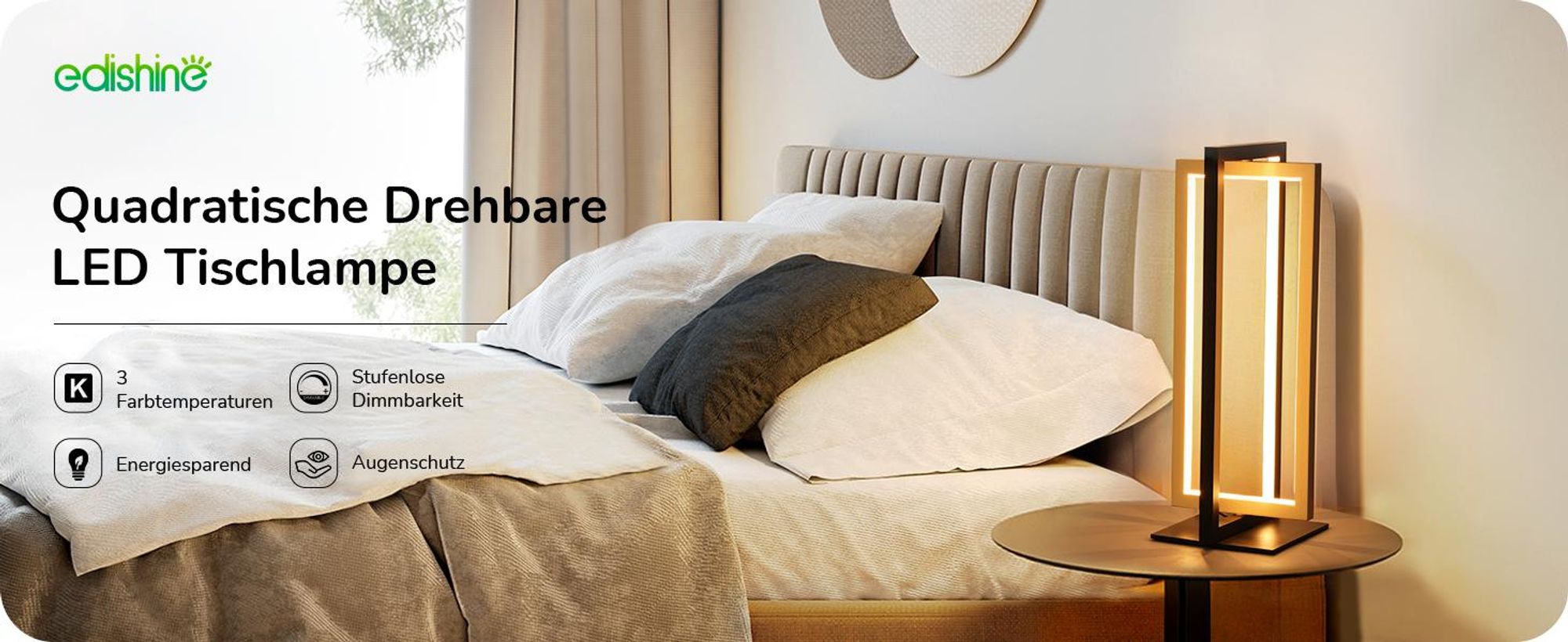 EDISHINE LED Tischlampe Touch Dimmbar, Rotatable Nachttischlampe, Schwarz Gold