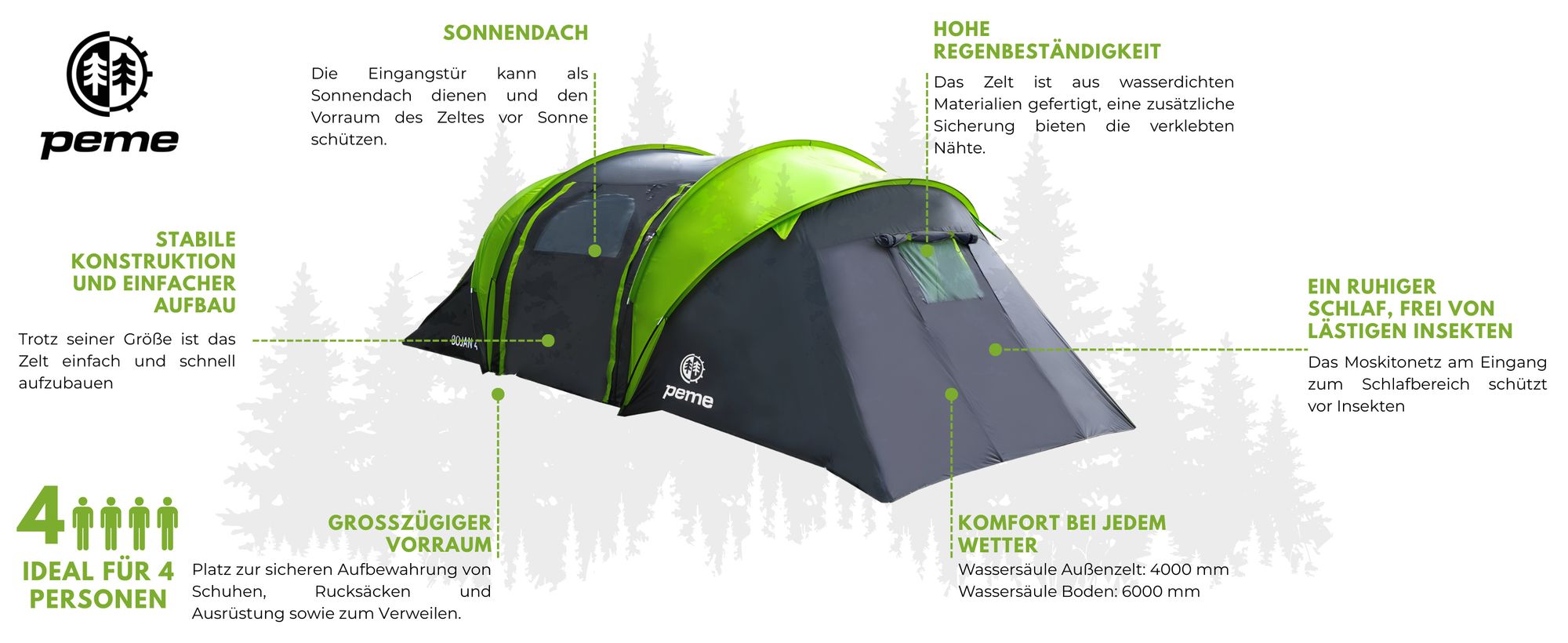 PEME Bojan 4 Personen Zelt Familienzelt Tunnelzelt - Wasserdicht 4000 mm 2 Schlafkabinen Vis-a-Vis Großes Vorzelt Festivalzelt Outdoor Campingzelt