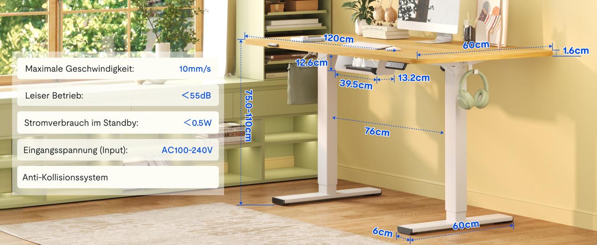 FLEXISPOT EN1 Höhenverstellbarer Schreibtisch 120x60cm elektrisch mit einteiliger Tischplatte, Kabelmanagement und Haken, 4 Memory-Funktion (Ahorn)