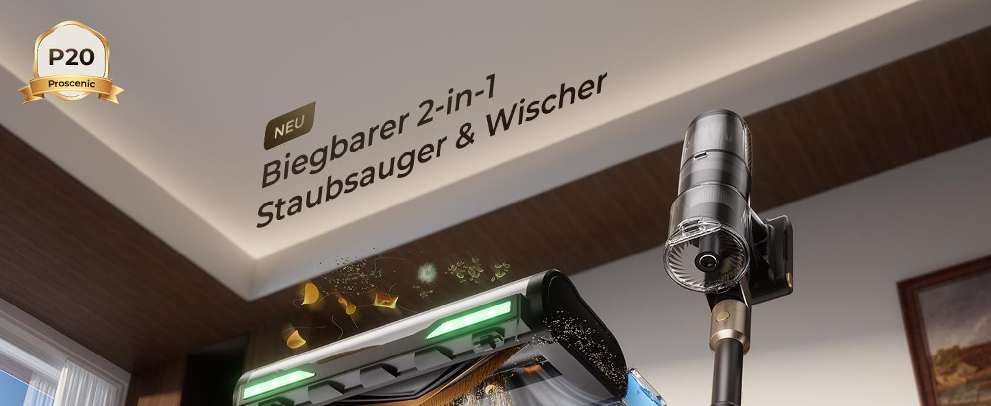 Proscenic Akku Staubsauger Kabellos 680W/85KPA/70Min,Klappstange,zur Reinigung unter niedrigen Möbeln