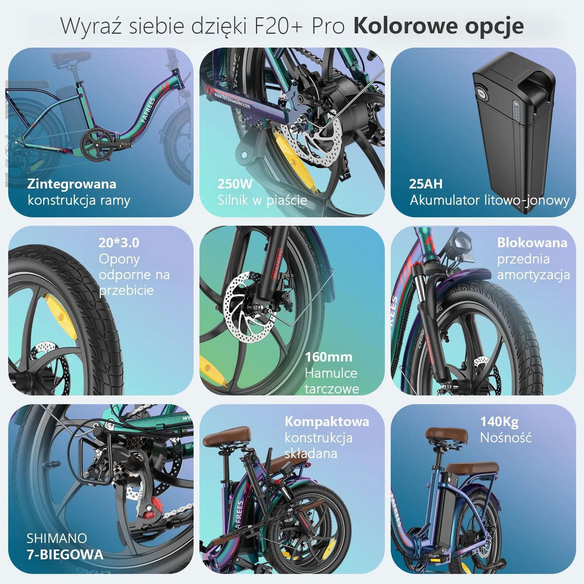 Rower Elektryczny FAFREES F20+ Pro - Silnik 250W Akumulator 36V25Ah Opony 20" Mechaniczny Hamulec Tarczowy - Błękit Aurory