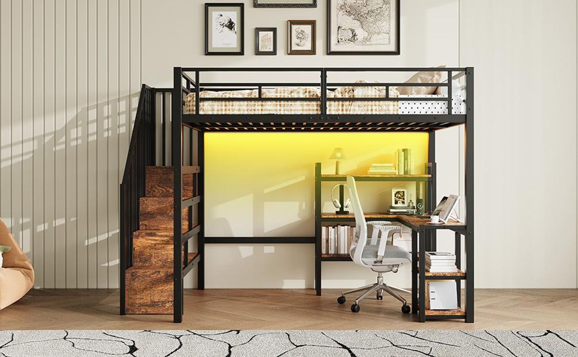 Merax Etagenbett 140x200cm, Hochbett Mit Schreibtisch, Metall Jugendbett Mit Treppe, Regal, USB Ladestation, LED Beleuchtung, Kinderbett, Schwarz