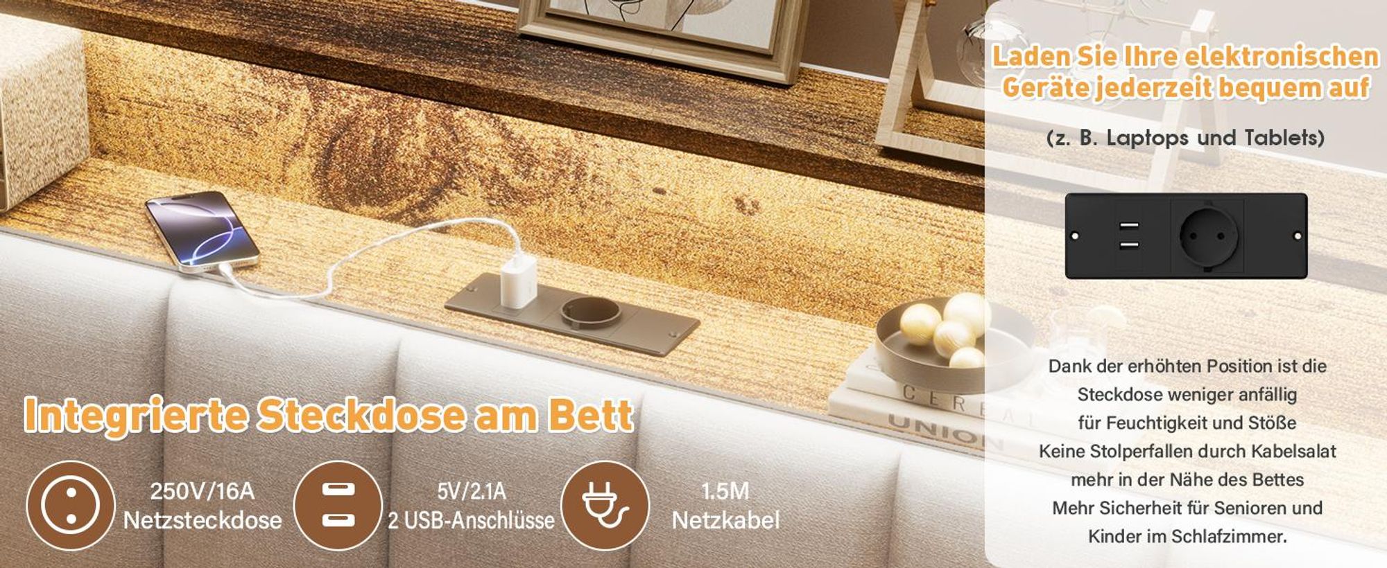 DEWINNER Bettrahmen, 140 x 200, mit Metallgestell, 2-Personen-Bett, mit LED-Beleuchtung und Mehrfachsteckdosen (1 Steckdose, 2 USB-Anschlüsse)
