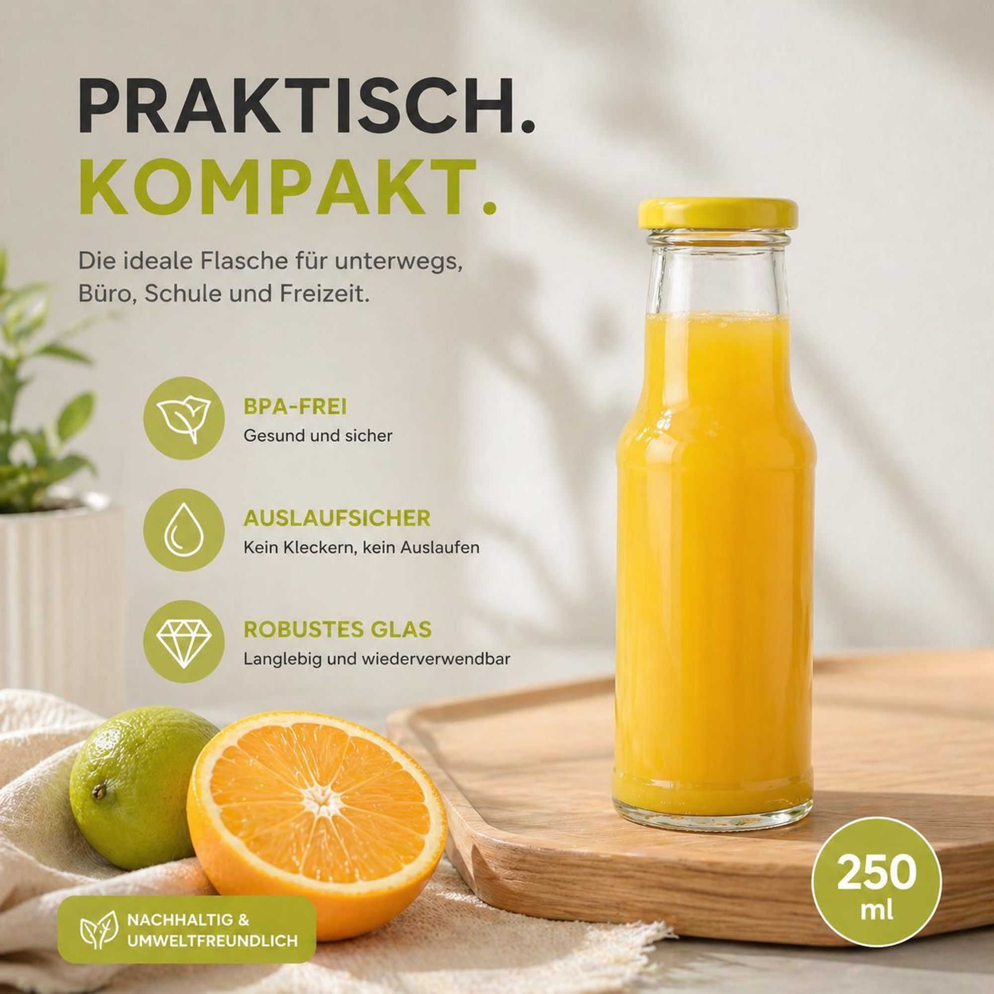 12x Glasflaschen 200 ml Set mit Schraubdeckel kleine Trinkflaschen für Saft Smoothie Milch Sirup luftdicht wiederverwendbar spülmaschinengeeignet