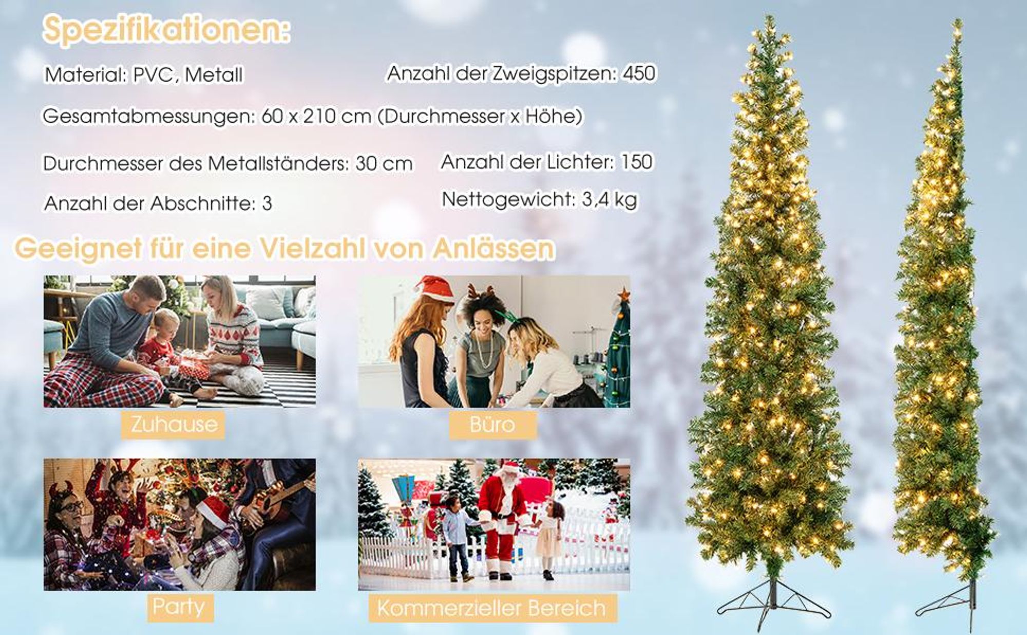 COSTWAY 210cm LED Weihnachtsbaum, platzsparender Christbaum mit 450 Zweigspitzen, 150 LED & Metallständer, schlanker Tannenbaum Kunstbaum für Innen