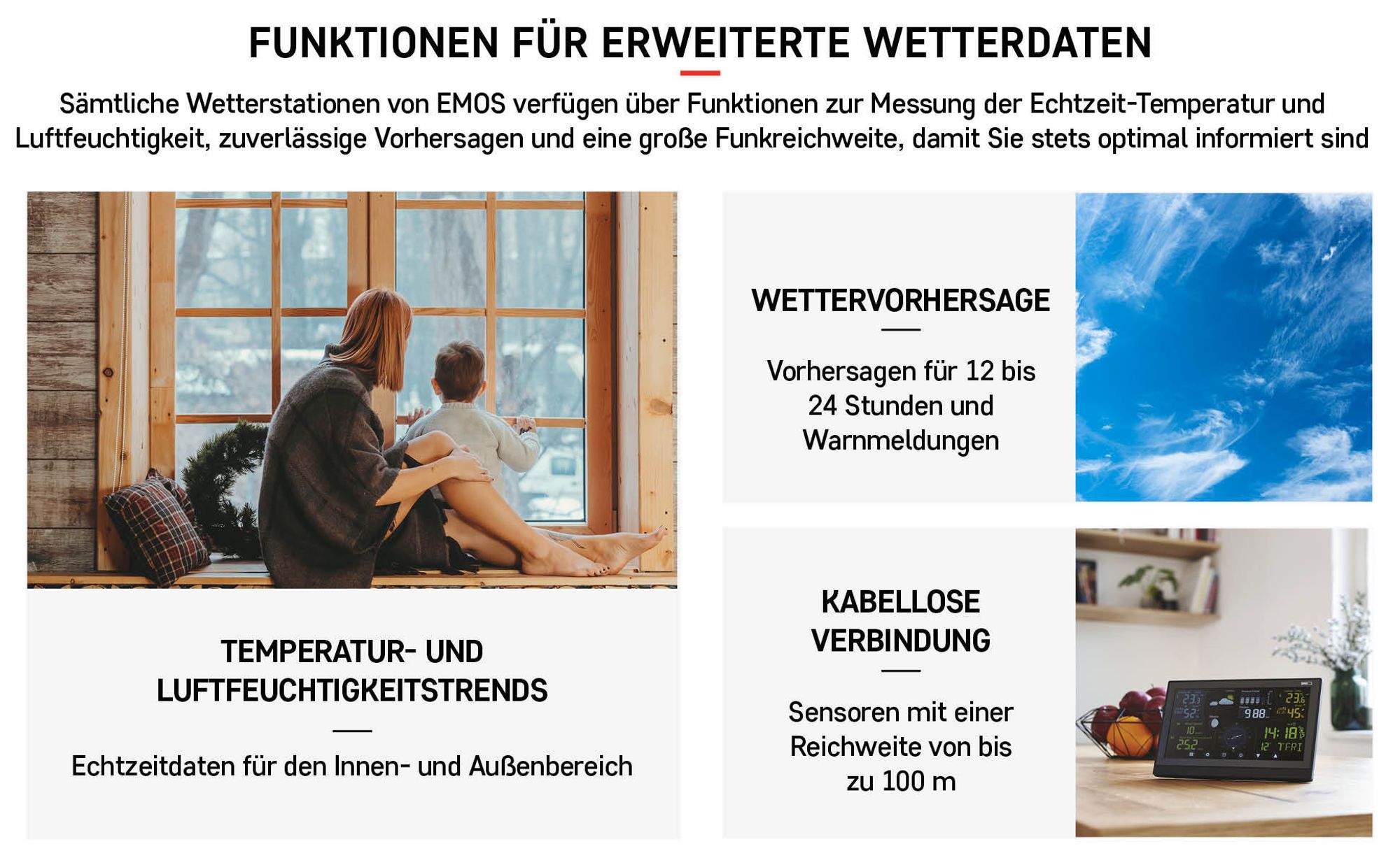 Emos E0352, Weiß, Innen-Hygrometer, Innen-Thermometer, Außen-Hygrometer, Außen-Thermometer, Hygrometer, Thermometer, Thermometer, 20 - 95%, 1 - 99%