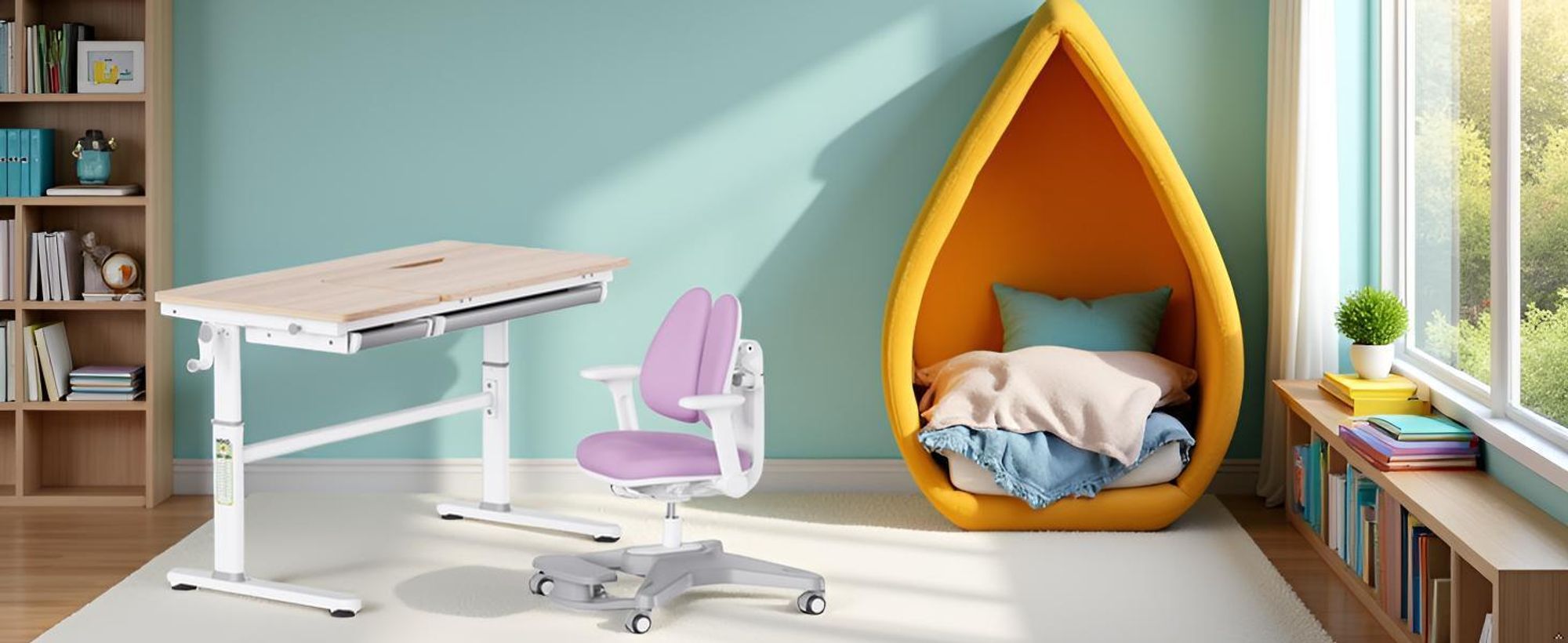 HOKO Kinderschreibtisch-Set höhenverstellbar mit Kinderstuhl, 120x60 cm Arbeitsfläche für Kinder ab 6 Jahren, Holzoptik-Rosa, CELIN & ANKE
