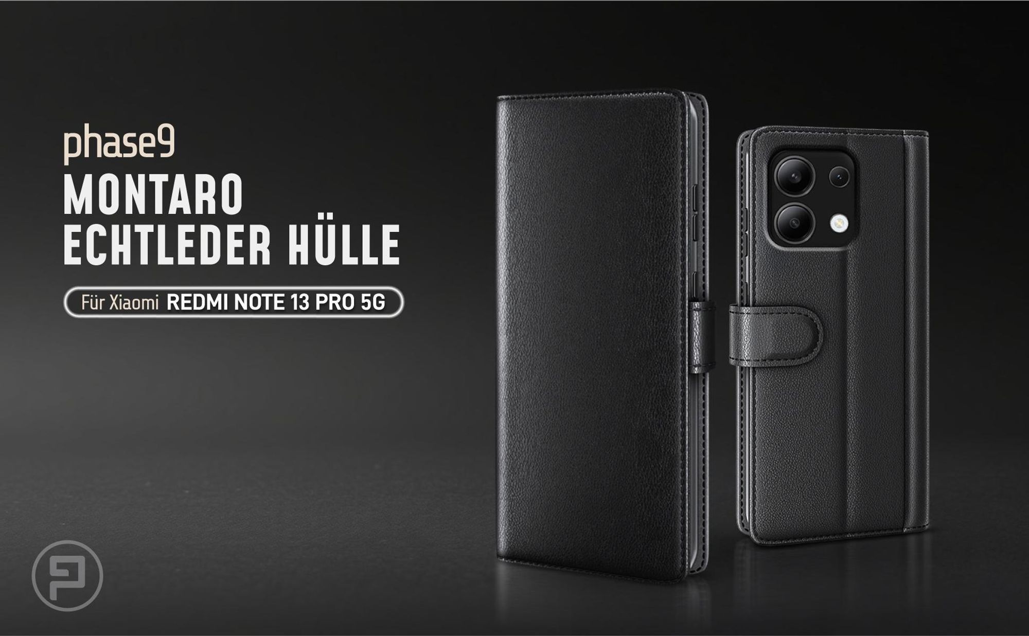 Schwarze Lederhülle für Xiaomi Redmi Note 13 Pro 5G mit Magnetschließe