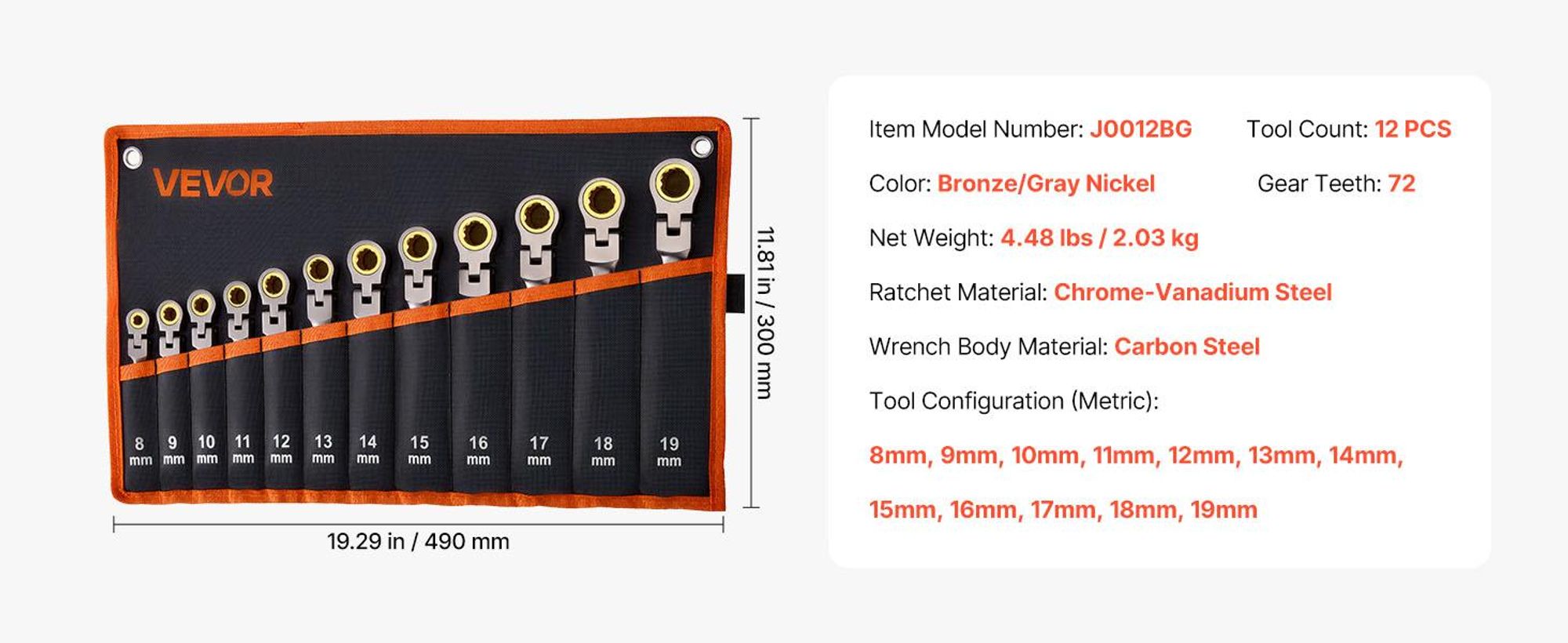VEVOR Maulschlüsselset, 30-teiliges Ratschen-Schlüsselset mit Organizer-Rack, Cr-V Stahl-Schlüsselset SAE 1/4" bis 1", metrisch 8 mm bis 24 mm, ideal für den allgemeinen Haushalt, die Garage, die Werkstatt, Notfälle, 12 Stück, Grau Nickel-a