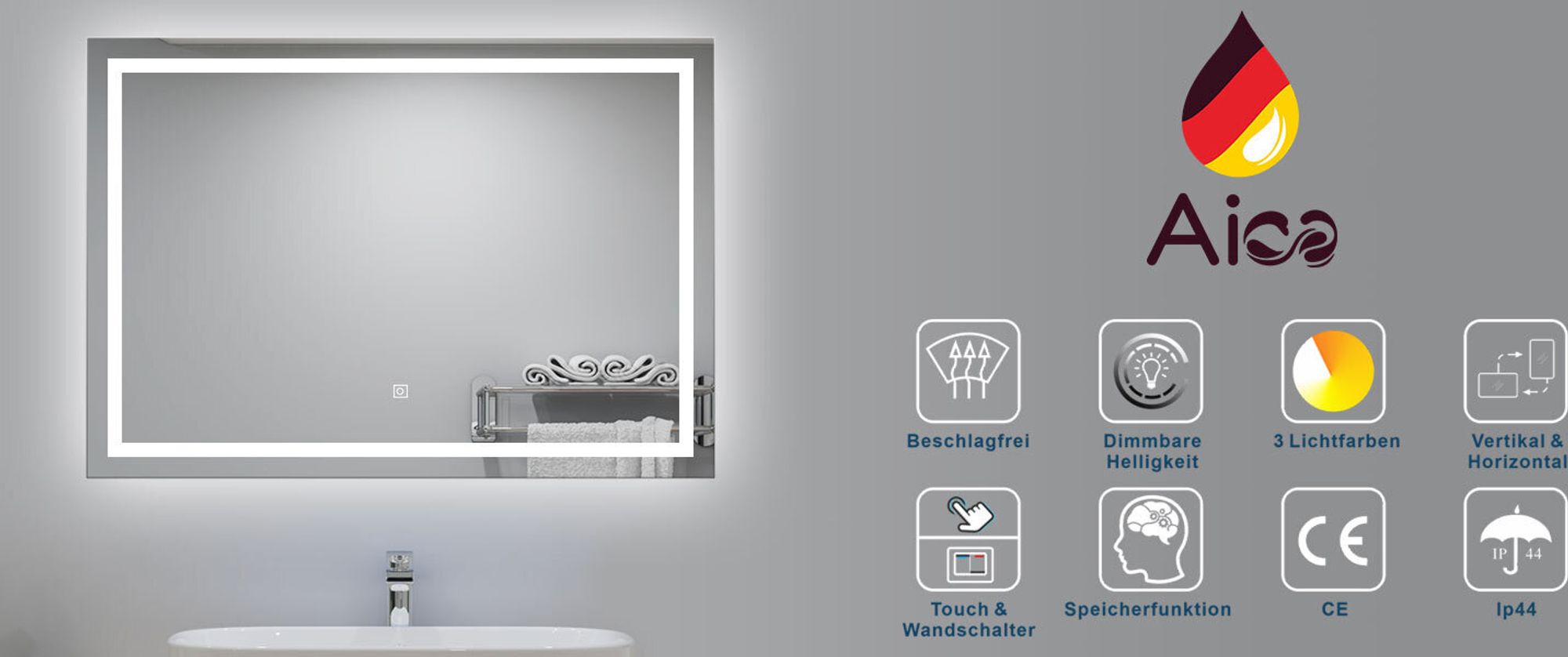 AICA LED Badspiegel 100x80cm Palmer-Serie 3 Lichtfarbe 3000K-6000K Dimmbar Wandspiegel mit Touch/Wandschalter Beschlagfrei Auto-Abschaltung IP44