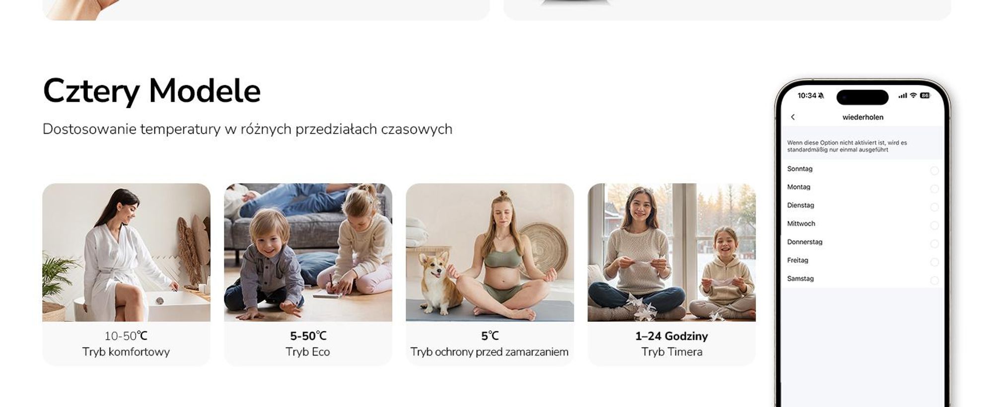 Grzejnik konwektorowy EMKE 2000 W z WiFi i aplikacją, energooszczędny grzejnik elektryczny, grzejnik ścienny i stojący z kółkami, timer 24/7, biały
