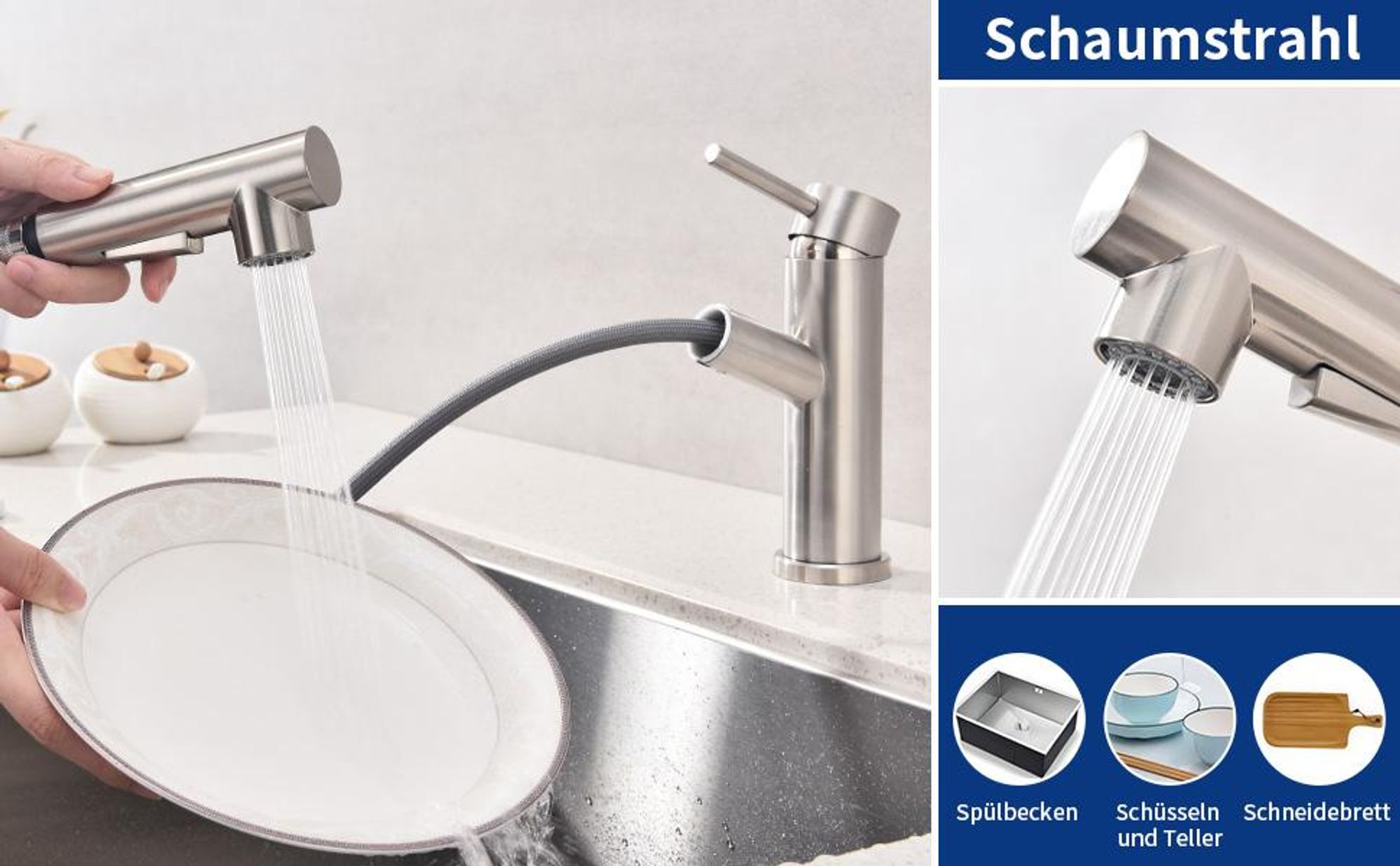 HOMELODY Wasserhahn Küche/Bad Gebürsteter Oberfläche Ausziehbar, Küchenarmatur mit Brause Zwei Wasserstrahlarten, Armatur Küche Spültischarmatur