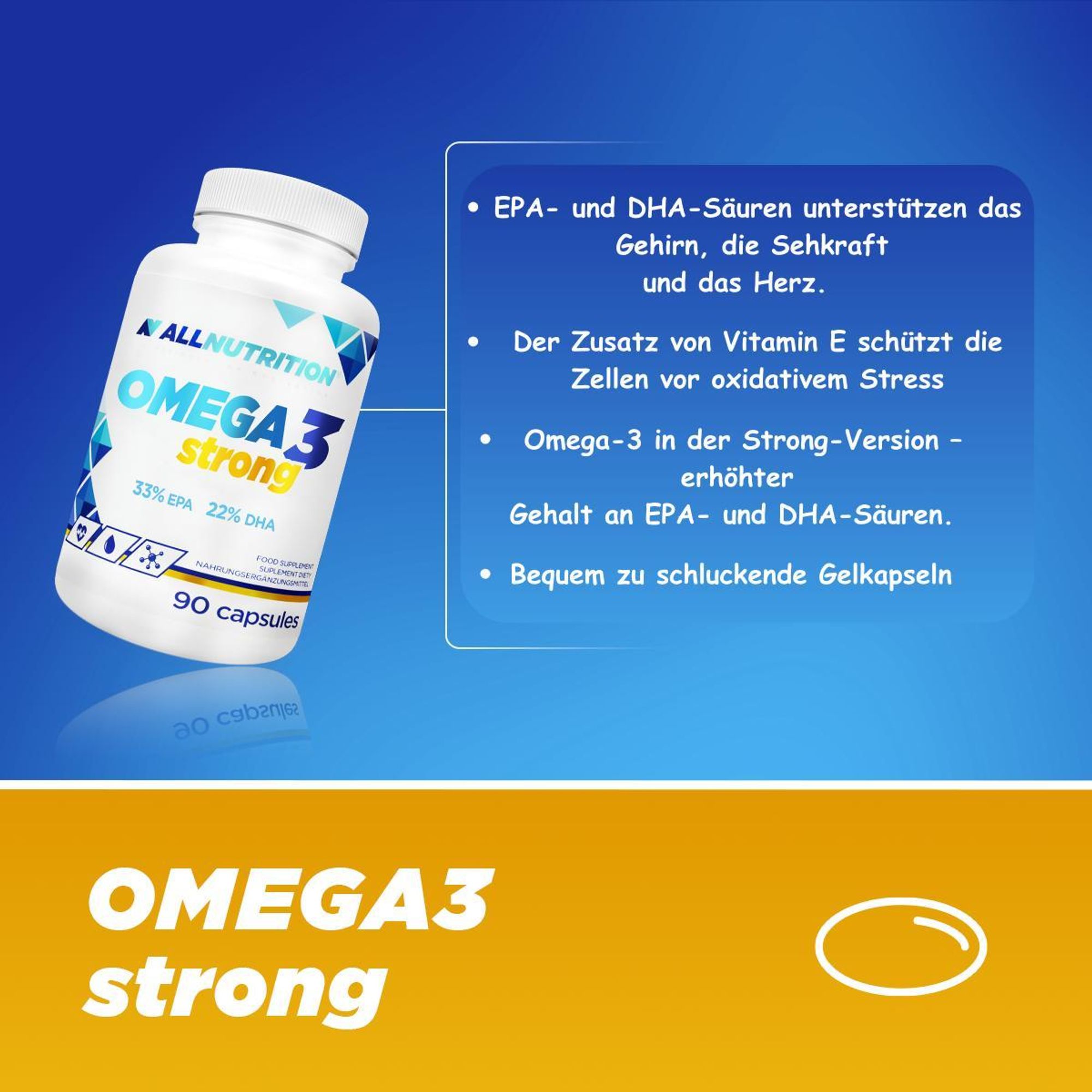 ALLNUTRITION Omega 3 Strong 90 Kapseln Omega-3 Fischöl EPA DHA Herzgesundheit Gehirnfunktion Nahrungsergänzung