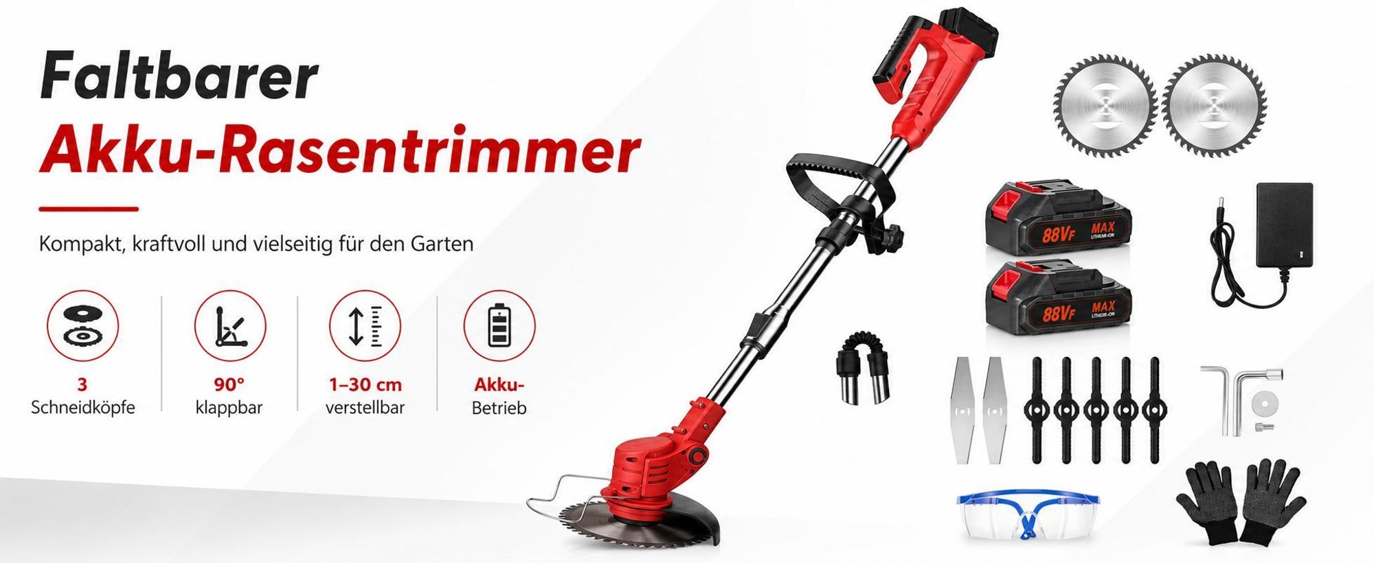 Akku-Rasentrimmer 21V mit 2 Batterien, Freischneider, Motorsense, mit Akku und Ladegerät, Teleskop-Stiel & Zusatzhandgriff, Faltbares Modell, Rot