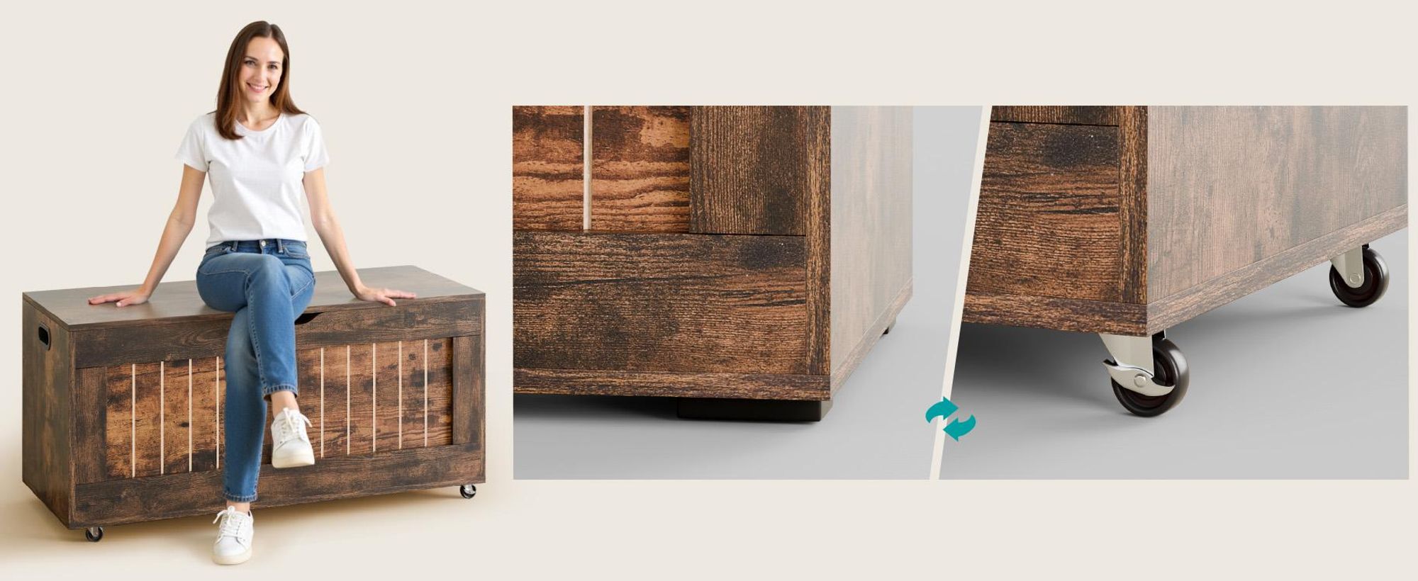 Mondeer Aufbewahrungsschrank, Aufbewahrungsbank mit 4 Rollen, Deckenbox im modernen Stil mit 2 Sicherheitsscharnieren, 100 x 49 x 40 cm, Braun