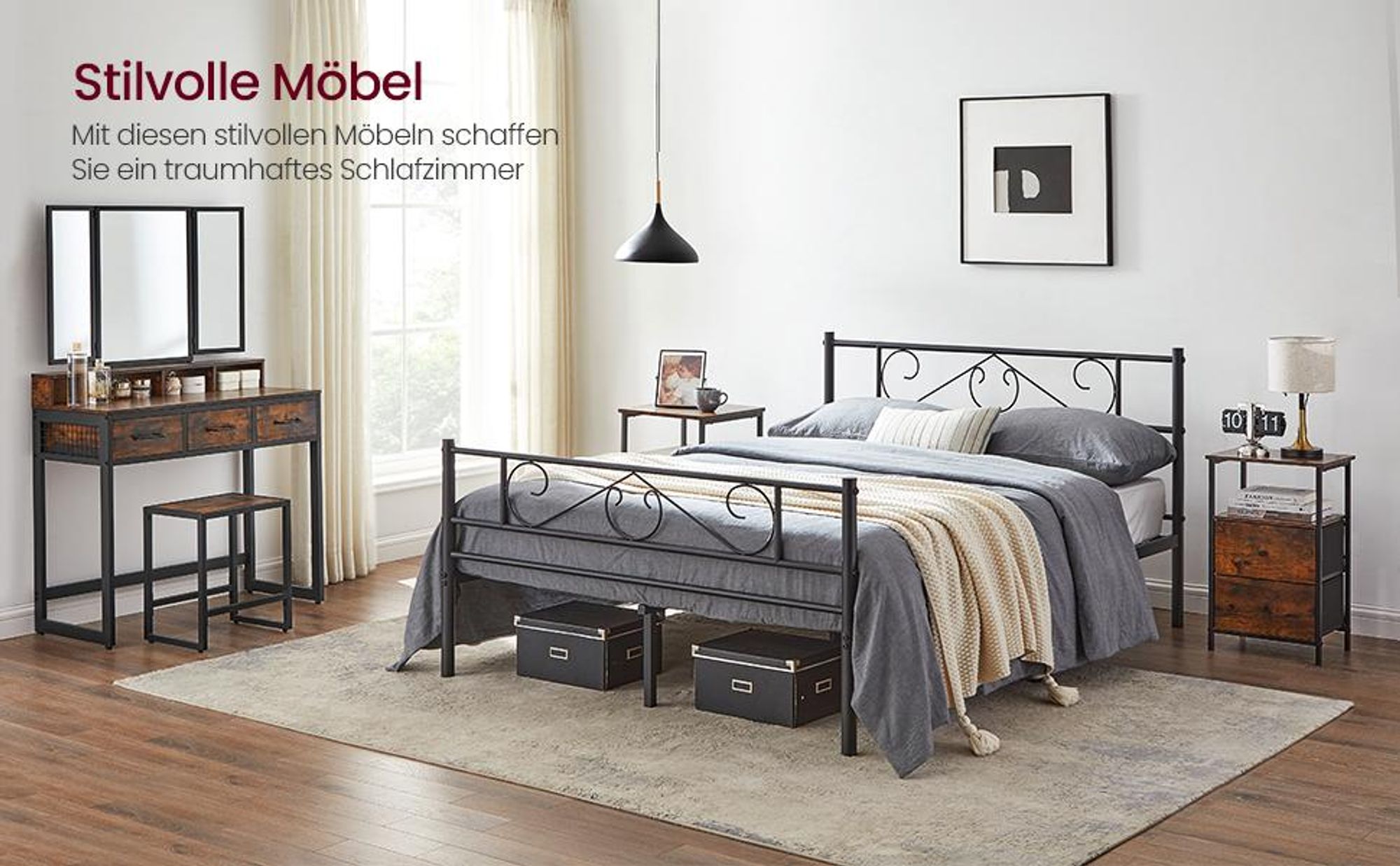 VASAGLE Bettgestell 140 x 190 cm, mit Kopfteil, Metallbett, Bettrahmen