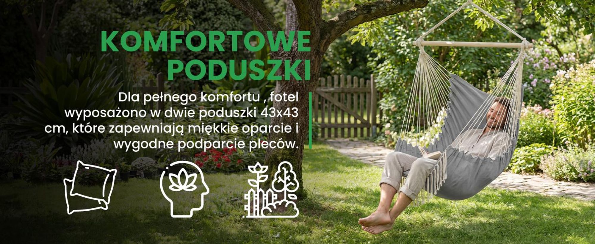 Wiszący fotel ogrodowy w stylu brazyliskim z dwiema poduszkami do wagi 150 kg