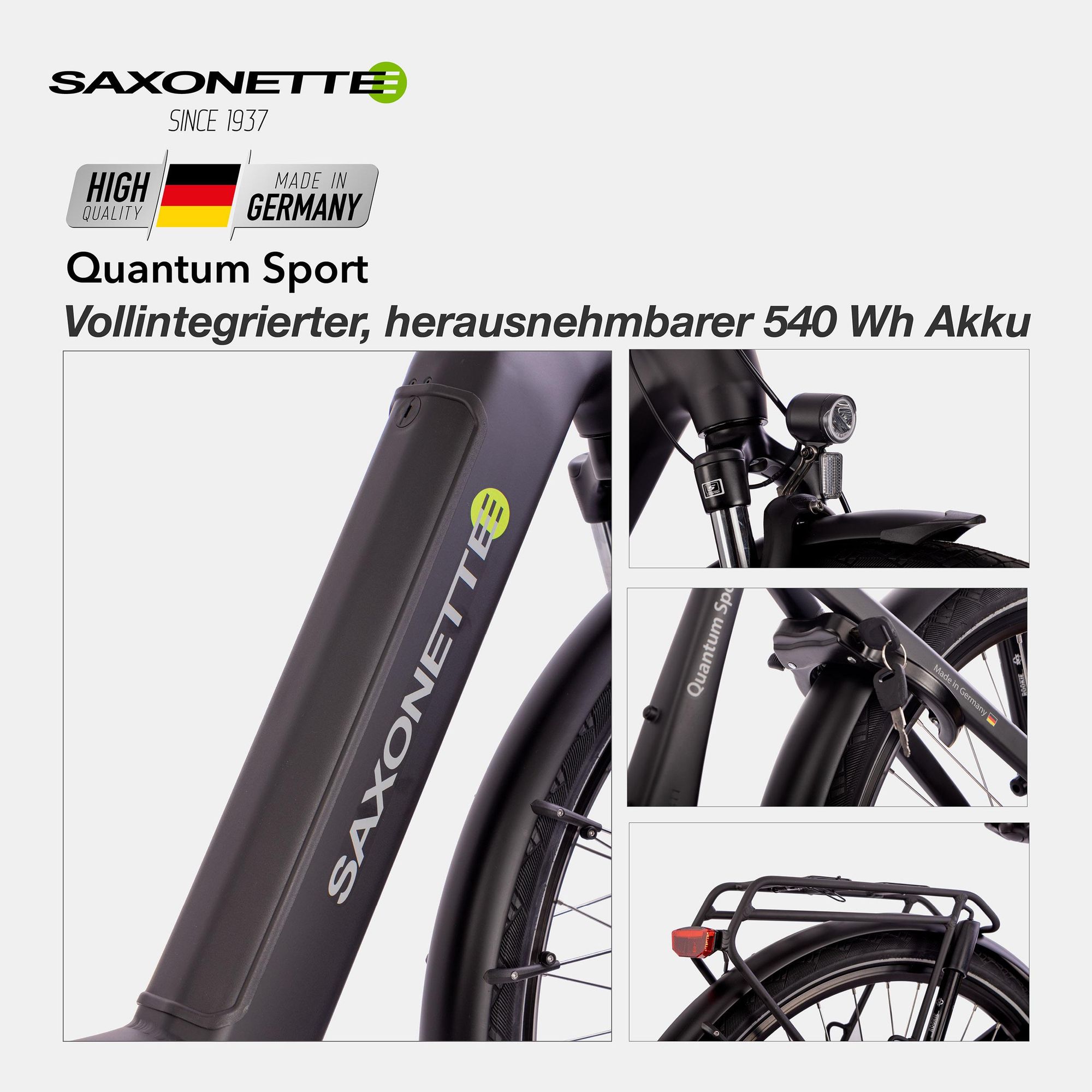 SAXONETTE Quantum Sport Wave 28" E-Bike, Elektrofahrrad,SHIMANO Deore 10-Gang Kettenschaltung, Mittelmotor, 36V 15Ah Akku, RH45,(Silber)