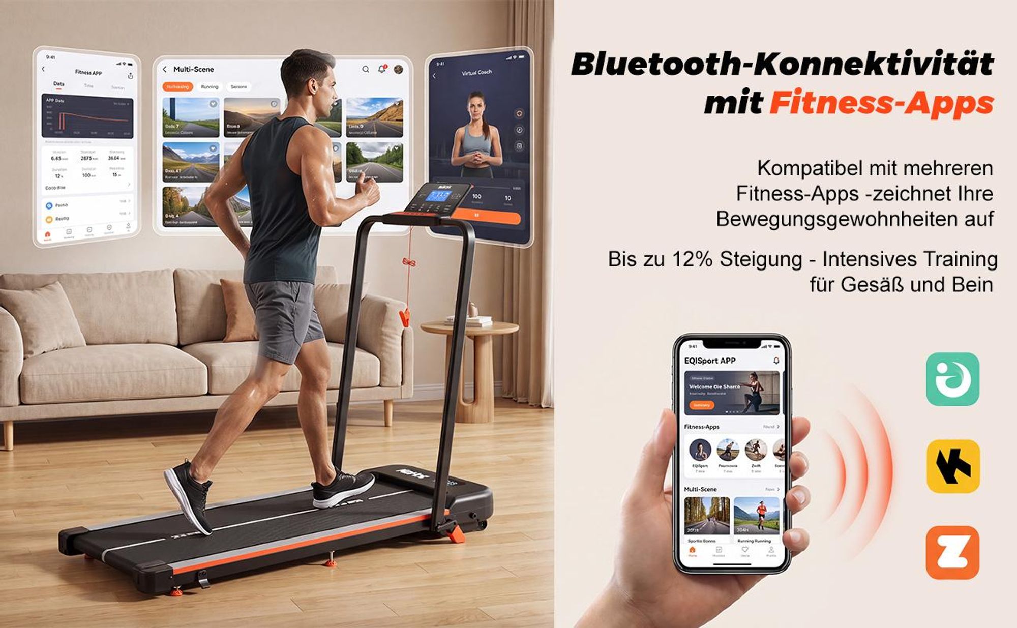 Laufband klappbar 4-in-1 mit 12% Steigung, 1–12 km/h, bis 120 kg, App-Anbindung und LED-Display, für Zuhause und Büro
