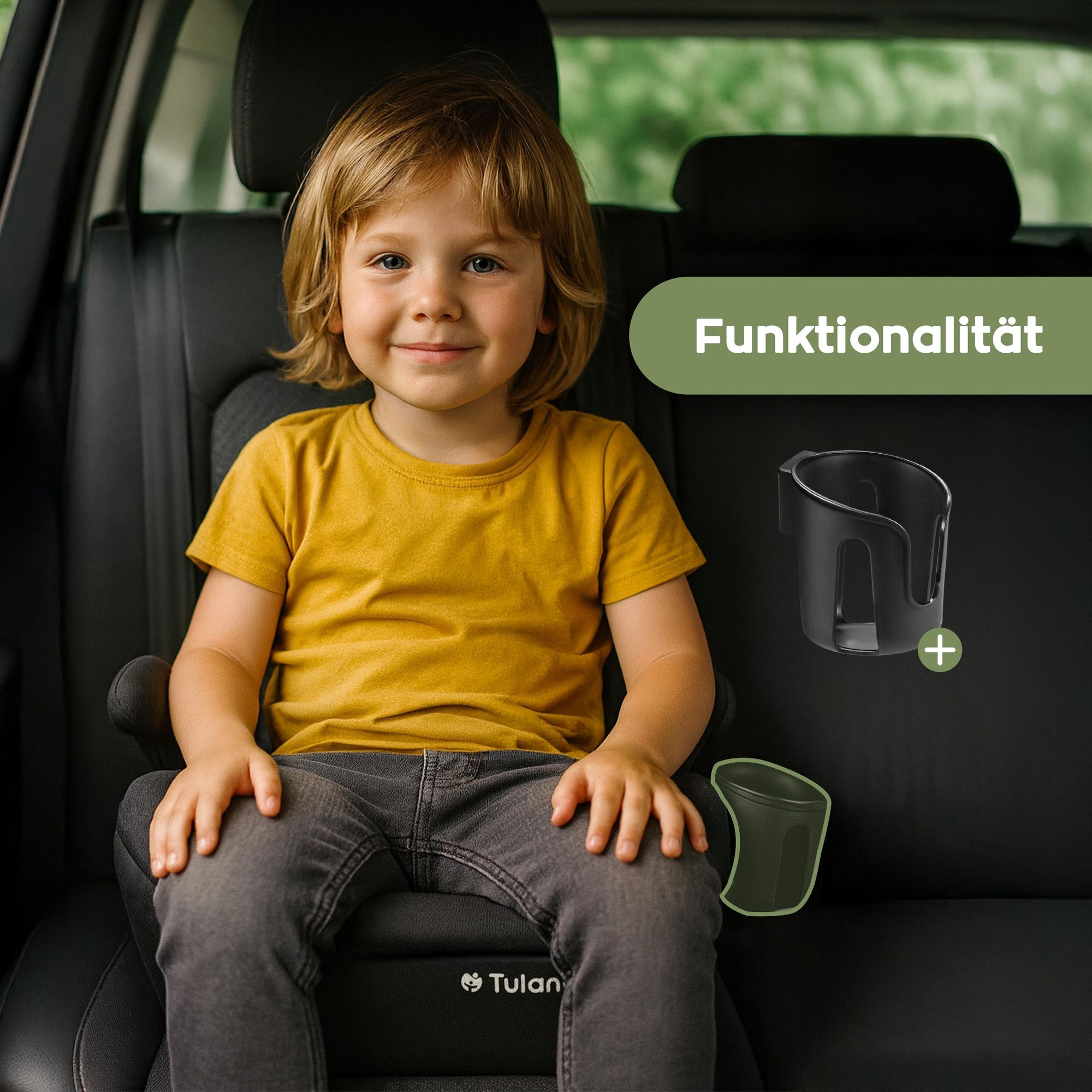 Tulano Cabby 20 Schwarz – i-Size Kindersitz R129, 125–150 cm, vorwärtsgerichtet, Autogurt, Getränkehalter, abnehmbarer Bezug