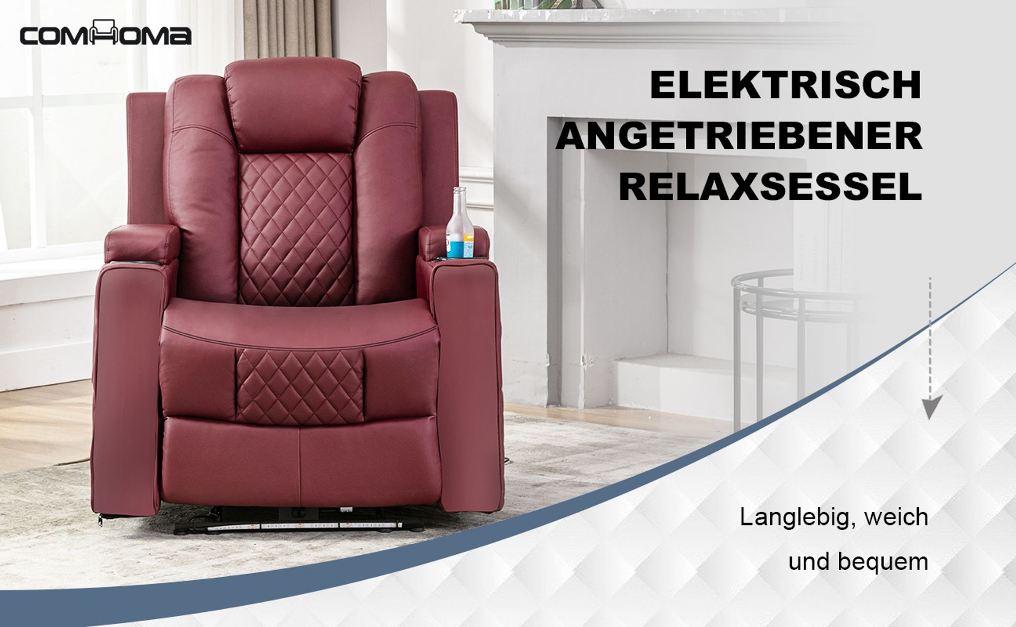 COMHOMA Elektrisch Relaxsessel TV-Sessel mit Massagefunktion, LED-Lichtern, Fernbedienung, Aufbewahrungstasche und 2 Getränkehaltern, rot.