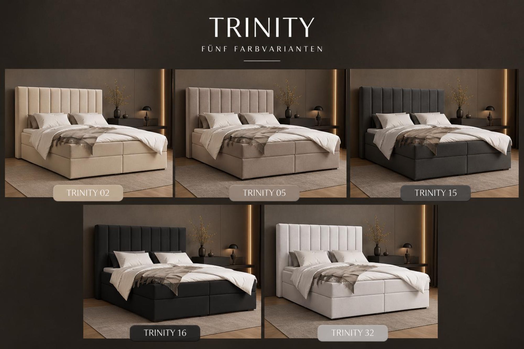 Kontinentalbett aus Samt, Polsterbett, Boxspringbett, dekorativem Kopfteil Doppelbett mit Bonell-Matratze, Topper und Bettkasten (gepolstertes Kopfteil, Boxspring) Boxspringbett Bett 01 –160x200 - Trinity 2 - Beige