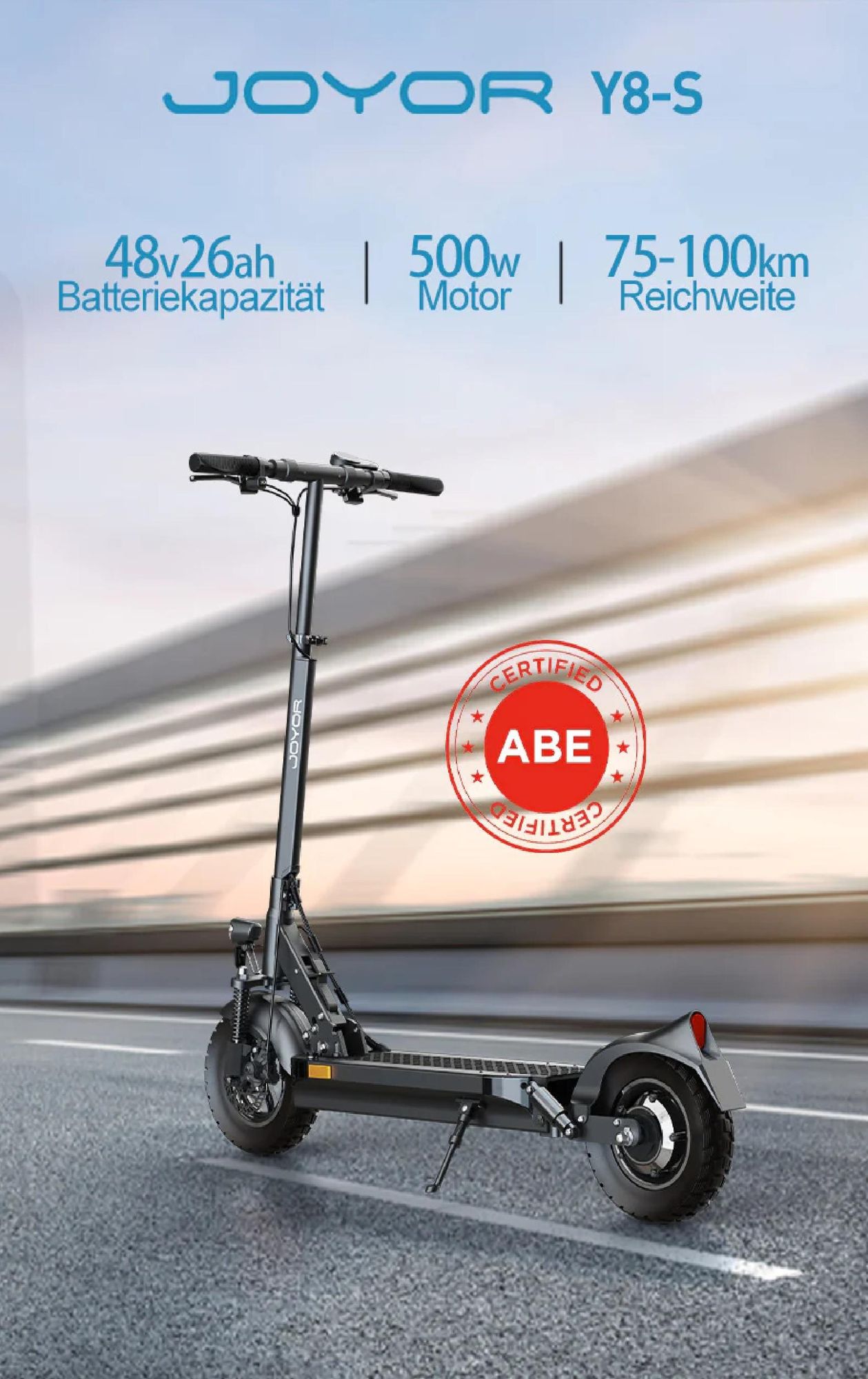 JOYOR Y8-S ABE- Faltbar Elektroroller - 500W Motor 48V26AH Akku 10 Zoll Reifen - Schwarz