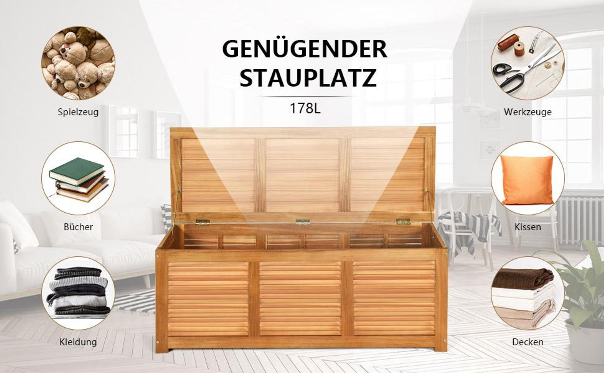 COSTWAY Gartenbox Akazienholz bis 160kg, Auflagenbox 179 L, Kissenbox, Aufbewahrungsbox, Gartentruhe für Garten, Balkon& Hinterhof, 120 x 45 x 45 cm