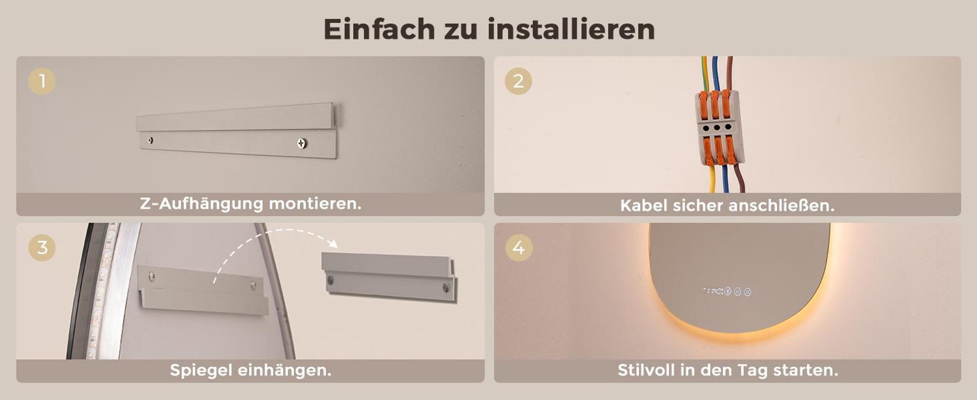 S'AFIELINA Badspiegel mit Beleuchtung Asymmetrisch 60 x 45 cm mit 3 Lichtfarben dimmbar, beschlagfrei, Bluetooth, Uhr, Temperatur, Speicherfunktion