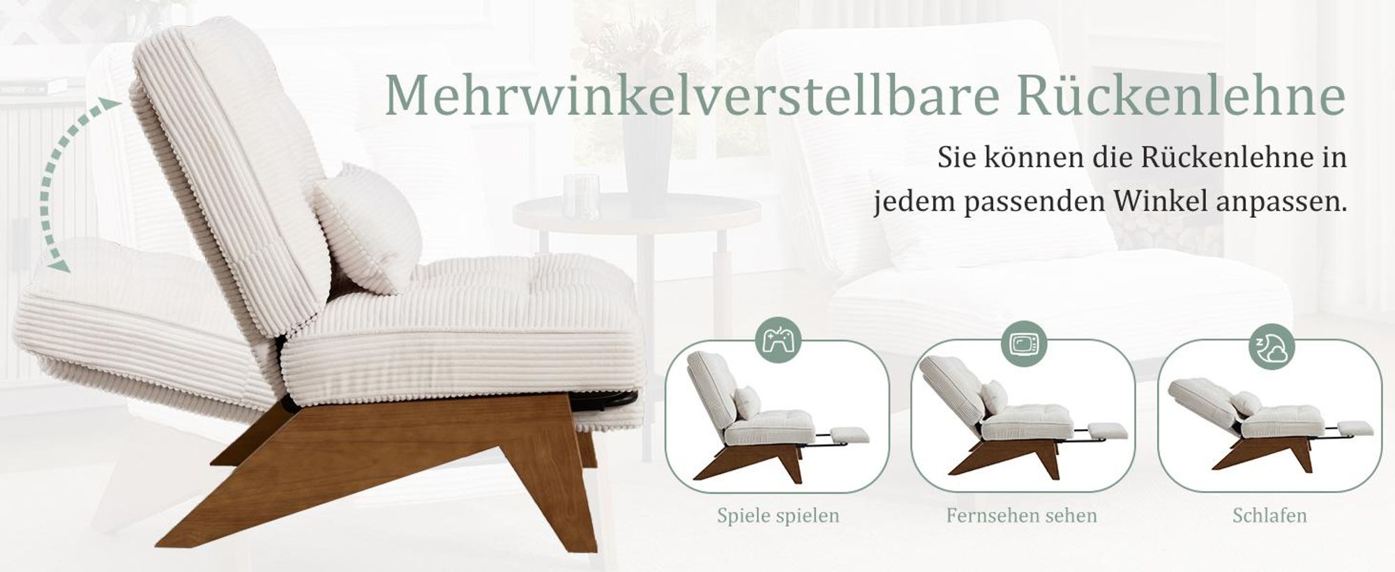 LVHOM Relaxsessel mit Liegefunktion, Loungesessel mit verstellbarer Rückenlehne, Bodensessel aus Cordstoff und Massivholz, für Wohnzimmer, Büro, Grün