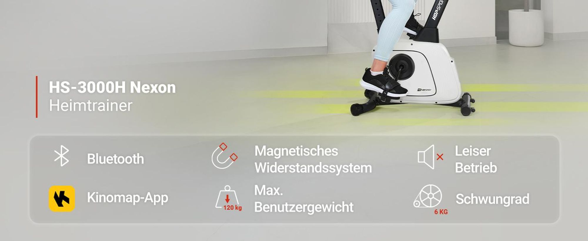 Hop-Sport Heimtrainer HS-3000H Hometrainer Fahrrad mit Magnetwiderstand, LCD-Display, Bluetooth & Kinomap, Pulsmessung, bis 120 kg belastbar, Grau